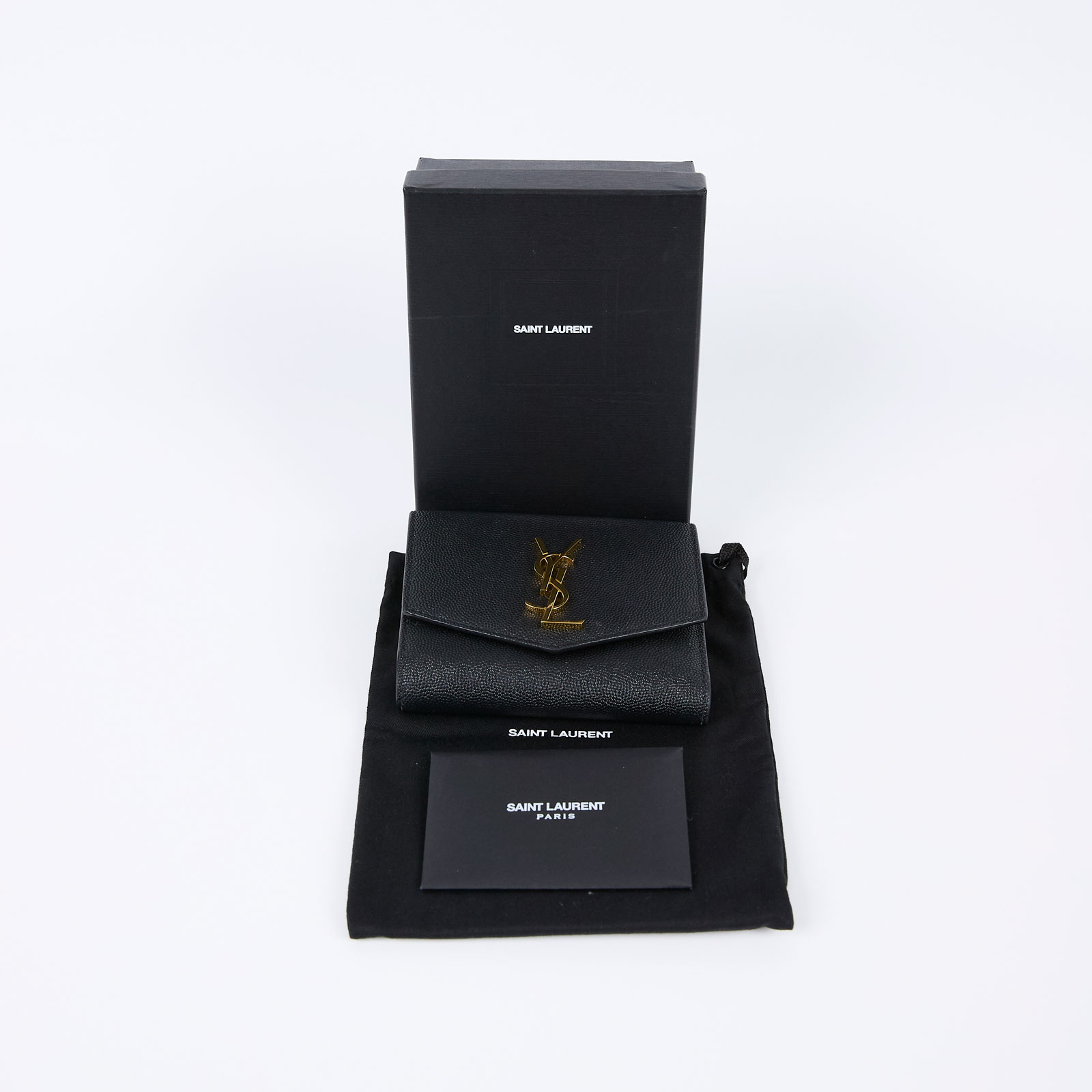 聖羅蘭 YSL SAINT LAURENT Uptown 粒面壓紋皮革小型 錢包 5822961GF0J 黑三折短夾 原廠盒子/防塵袋