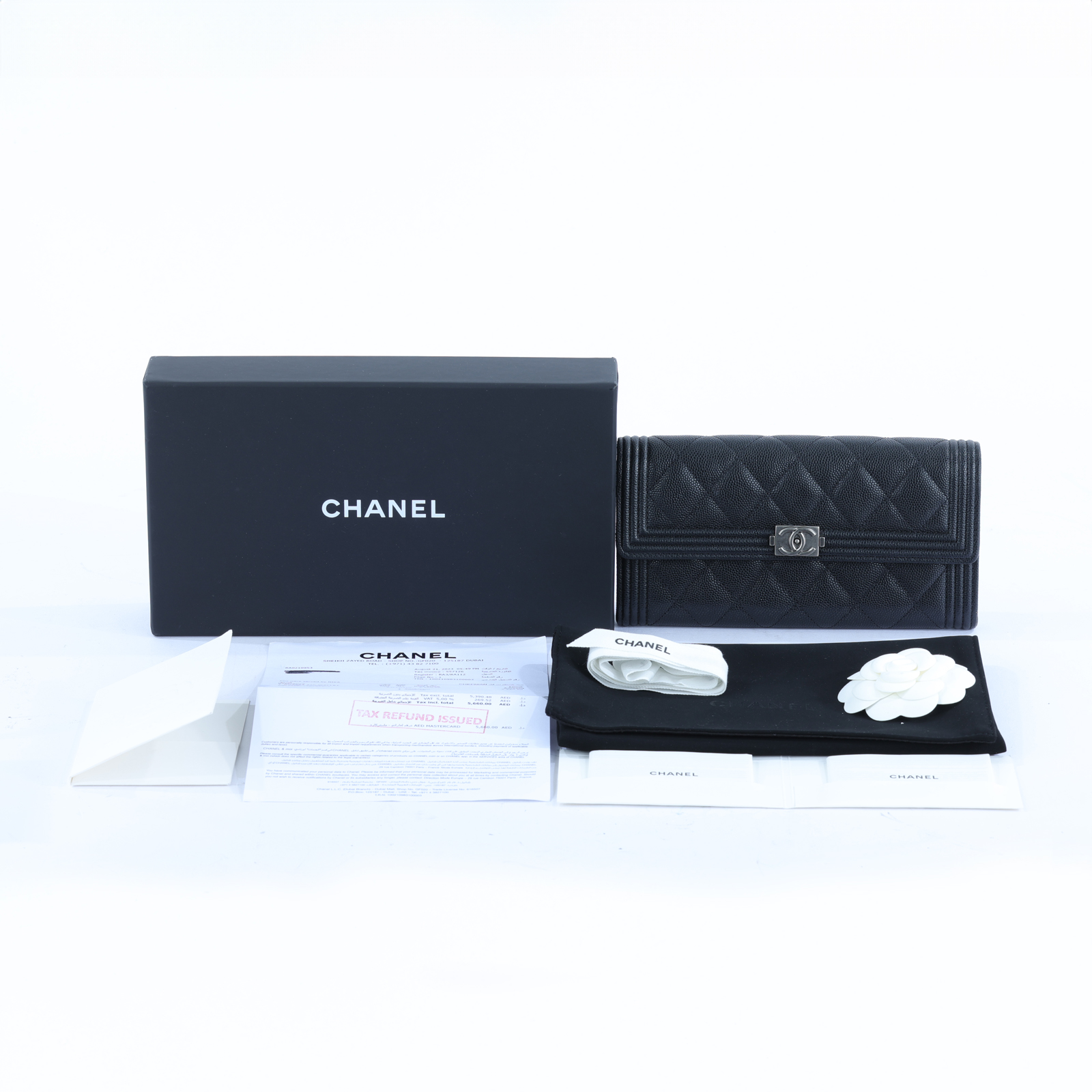 香奈兒 CHANEL Boy 雙C 荔枝皮 牛皮 釦式 長夾 A80286 黑荔枝BOY長夾 購買證明/原廠盒子