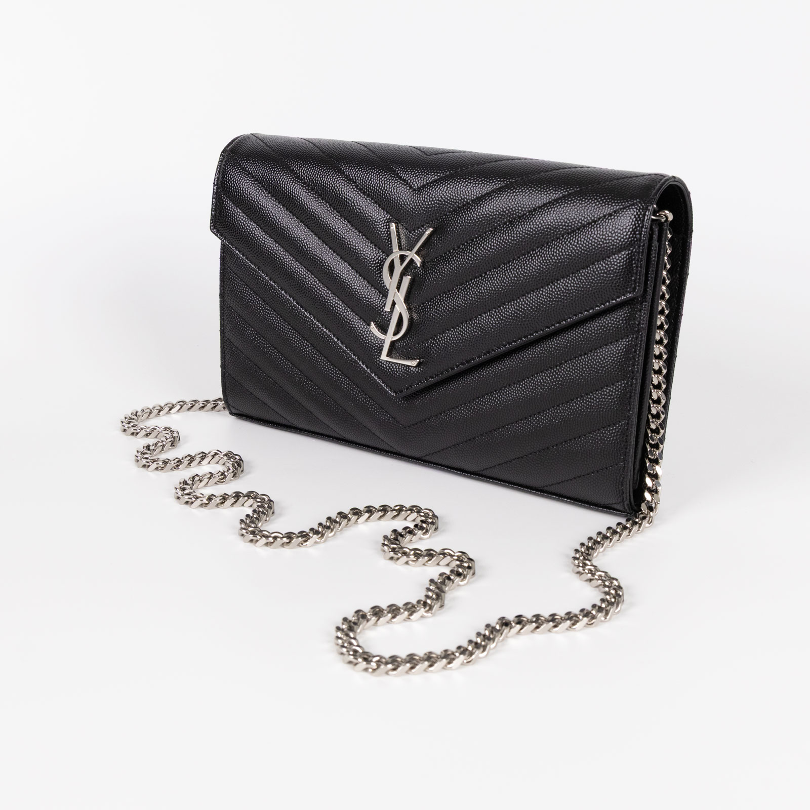 聖羅蘭 YSL SAINT LAURENT Cassandre 經典粒面皮革 鏈條 錢包 377828BOW02 黑銀WOC 大款 防塵袋/原廠盒子/保證卡