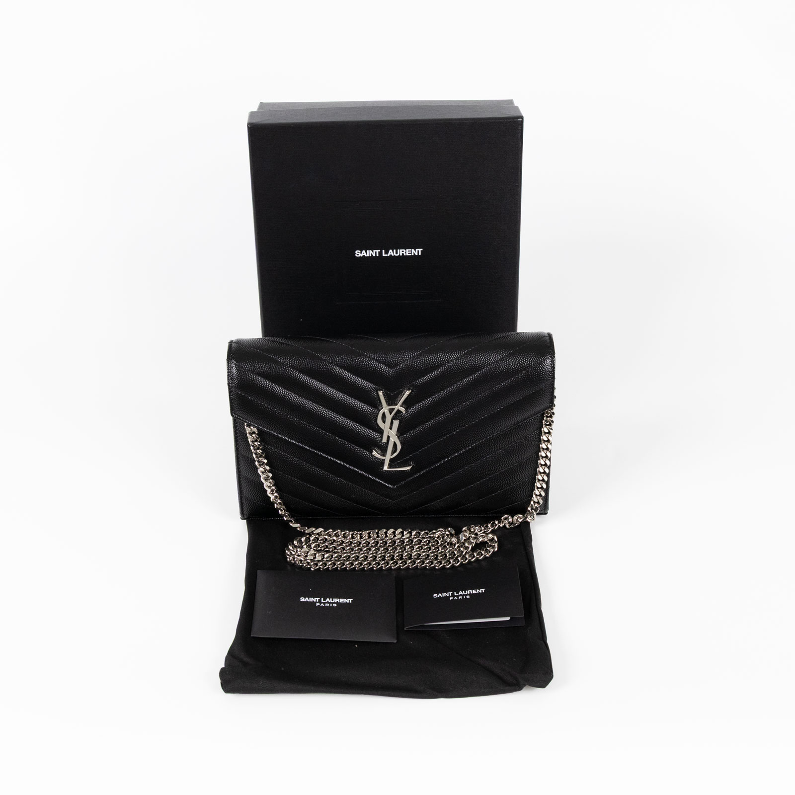 聖羅蘭 YSL SAINT LAURENT Cassandre 經典粒面皮革 鏈條 錢包 377828BOW02 黑銀WOC 大款 防塵袋/原廠盒子/保證卡