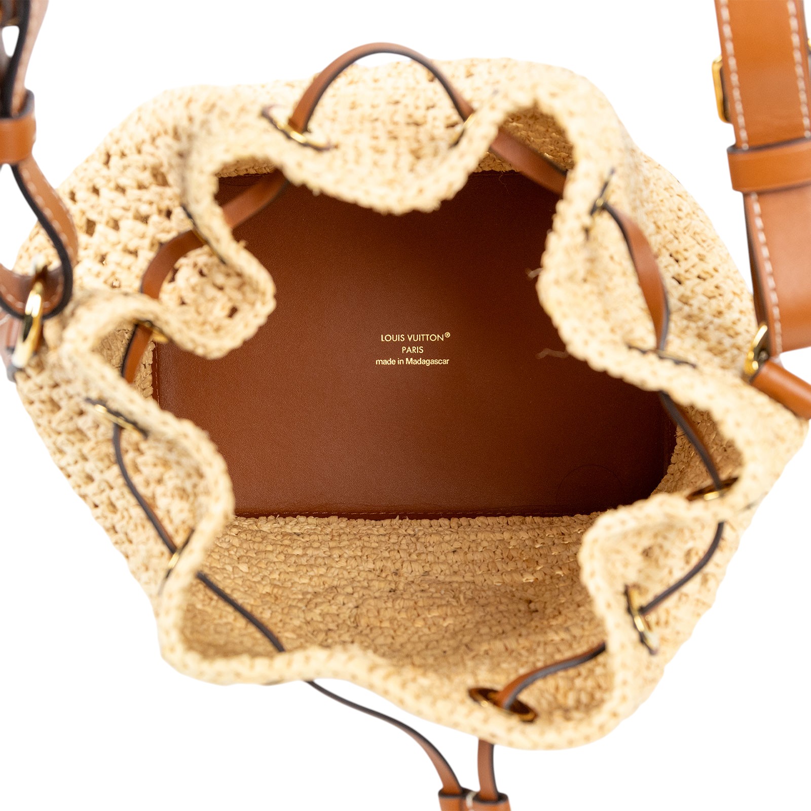 路易威登 LOUIS VUITTON Néonoé BB 拉菲草 束口水桶包 M24722 晶片款 棕 Noe BB天然拉菲草束口斜背水桶包 原廠盒子/防塵袋
