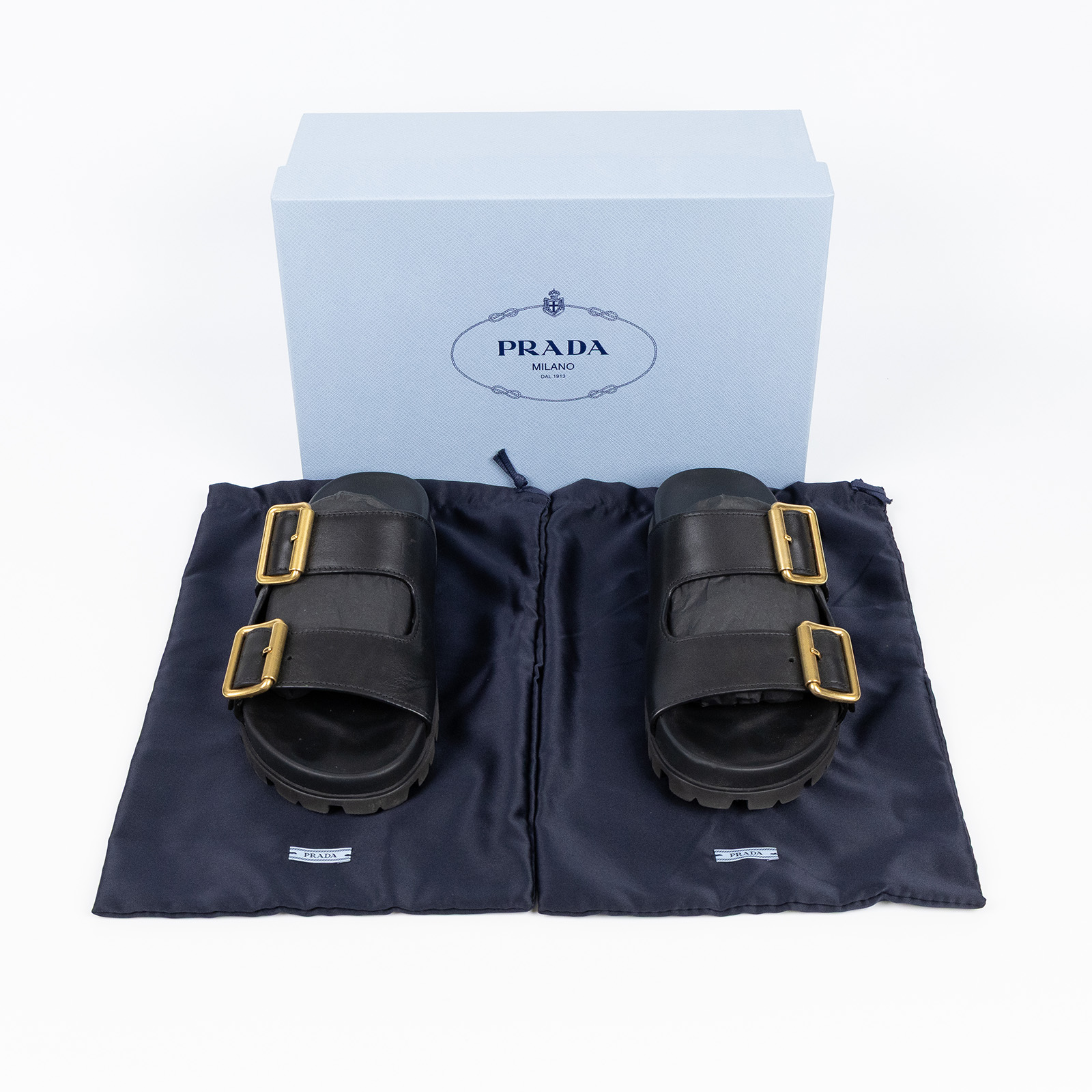 普拉達 PRADA 皮革涼鞋 1XX692_3LEM_375 黑勃肯拖鞋 #37.5 防塵袋/原廠盒子