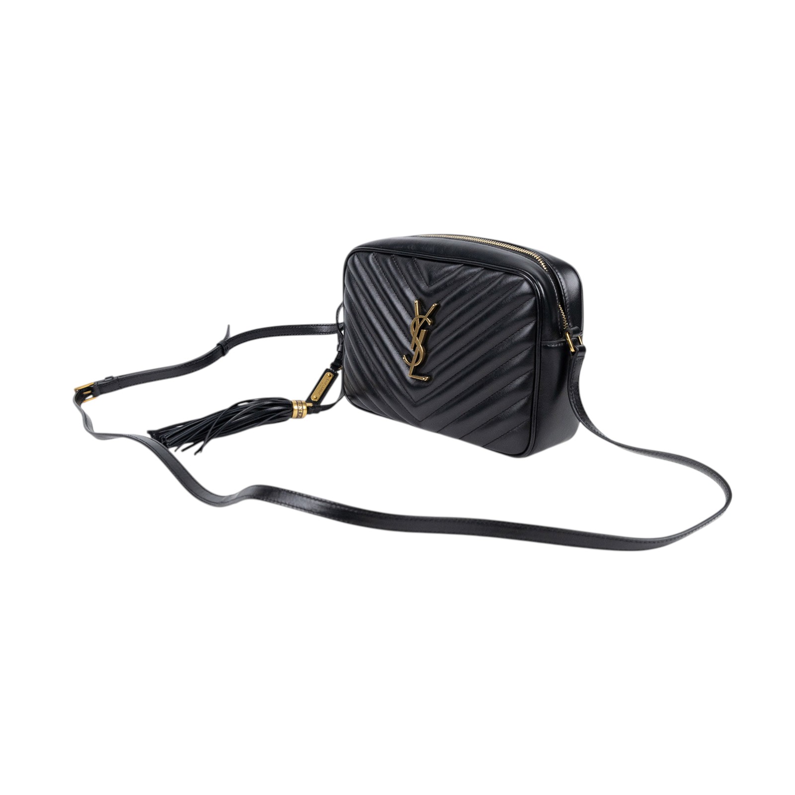 聖羅蘭 YSL SAINT LAURENT Monogram V字紋 流蘇 斜背包 520534DV707 黑流蘇相機包 防塵袋/保證卡