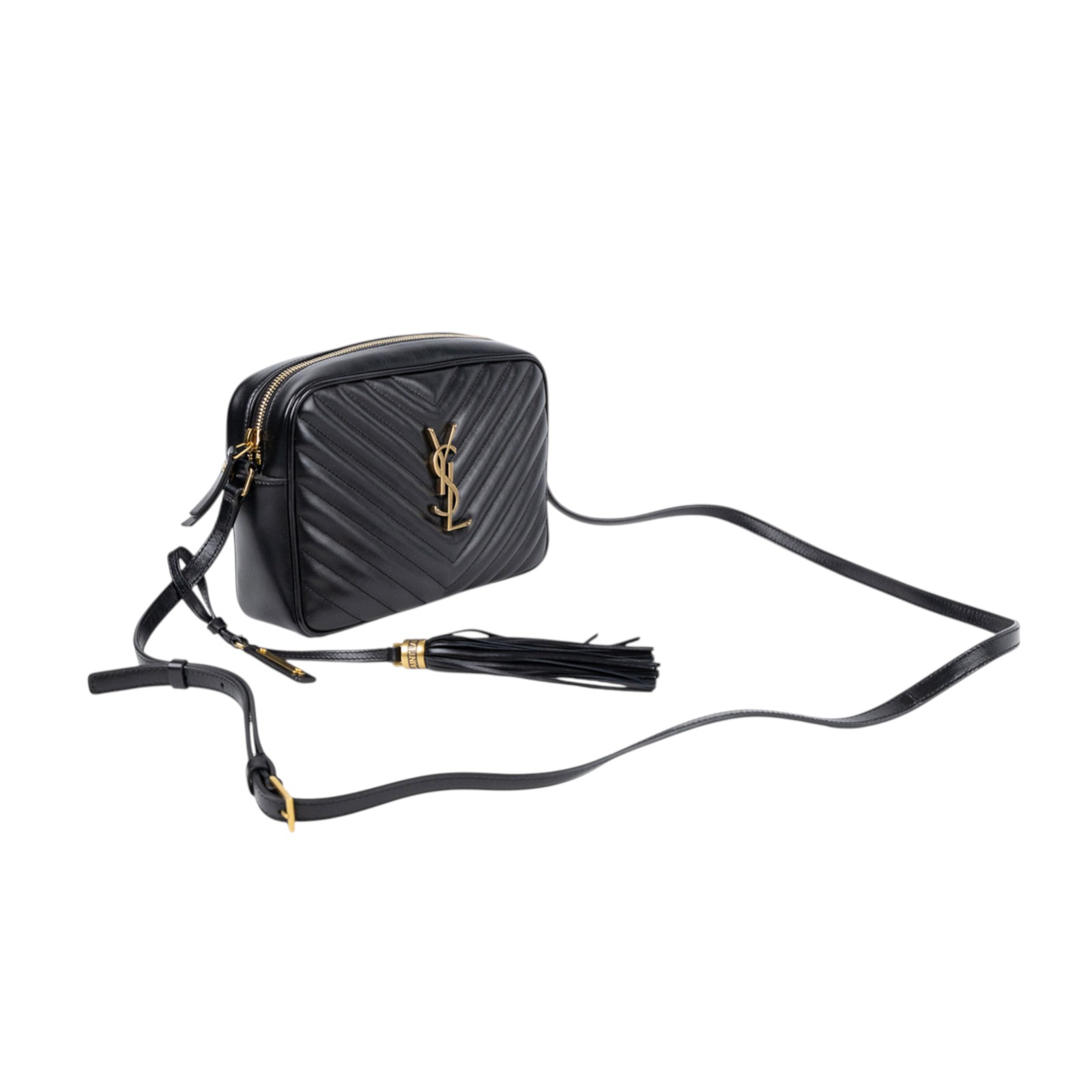 聖羅蘭 YSL SAINT LAURENT Monogram V字紋 流蘇 斜背包 520534DV707 黑流蘇相機包 防塵袋/保證卡