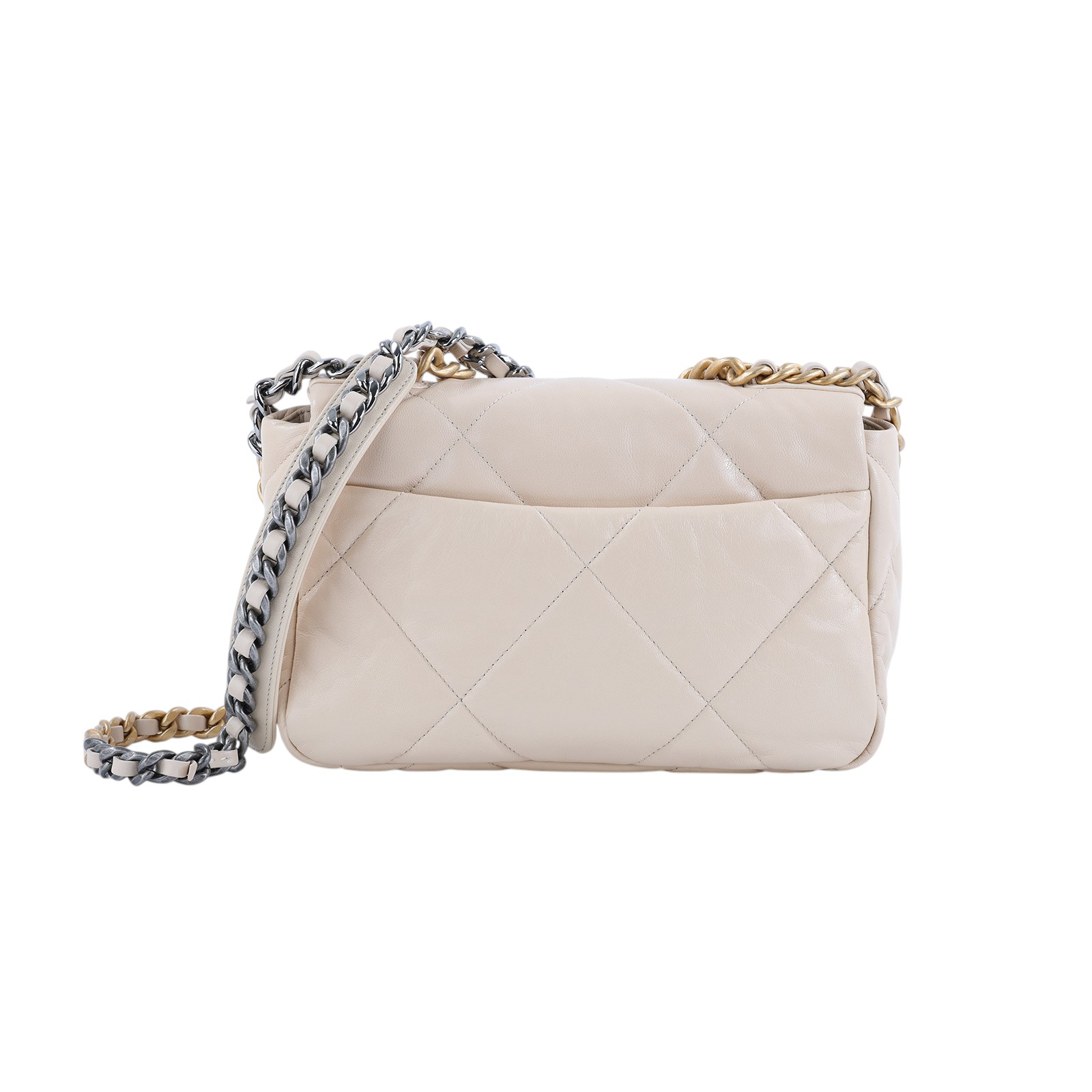 香奈兒 CHANEL 19 口蓋包 菱格紋 金銀鍊帶 手提 肩背包  奶茶19 小號 防塵袋/原廠盒子