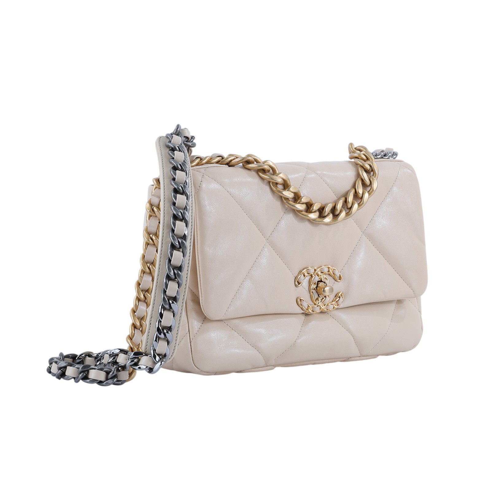 香奈兒 CHANEL 19 口蓋包 菱格紋 金銀鍊帶 手提 肩背包  奶茶19 小號 防塵袋/原廠盒子