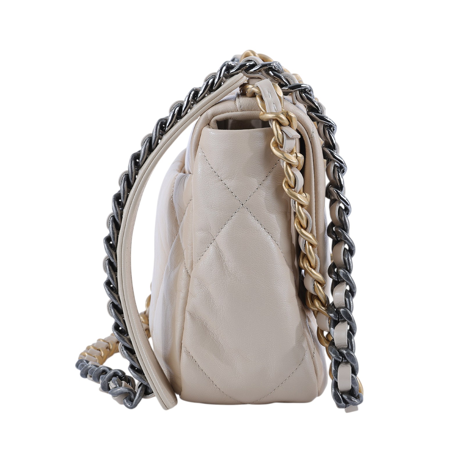 香奈兒 CHANEL 19 口蓋包 菱格紋 金銀鍊帶 手提 肩背包  奶茶19 小號 防塵袋/原廠盒子