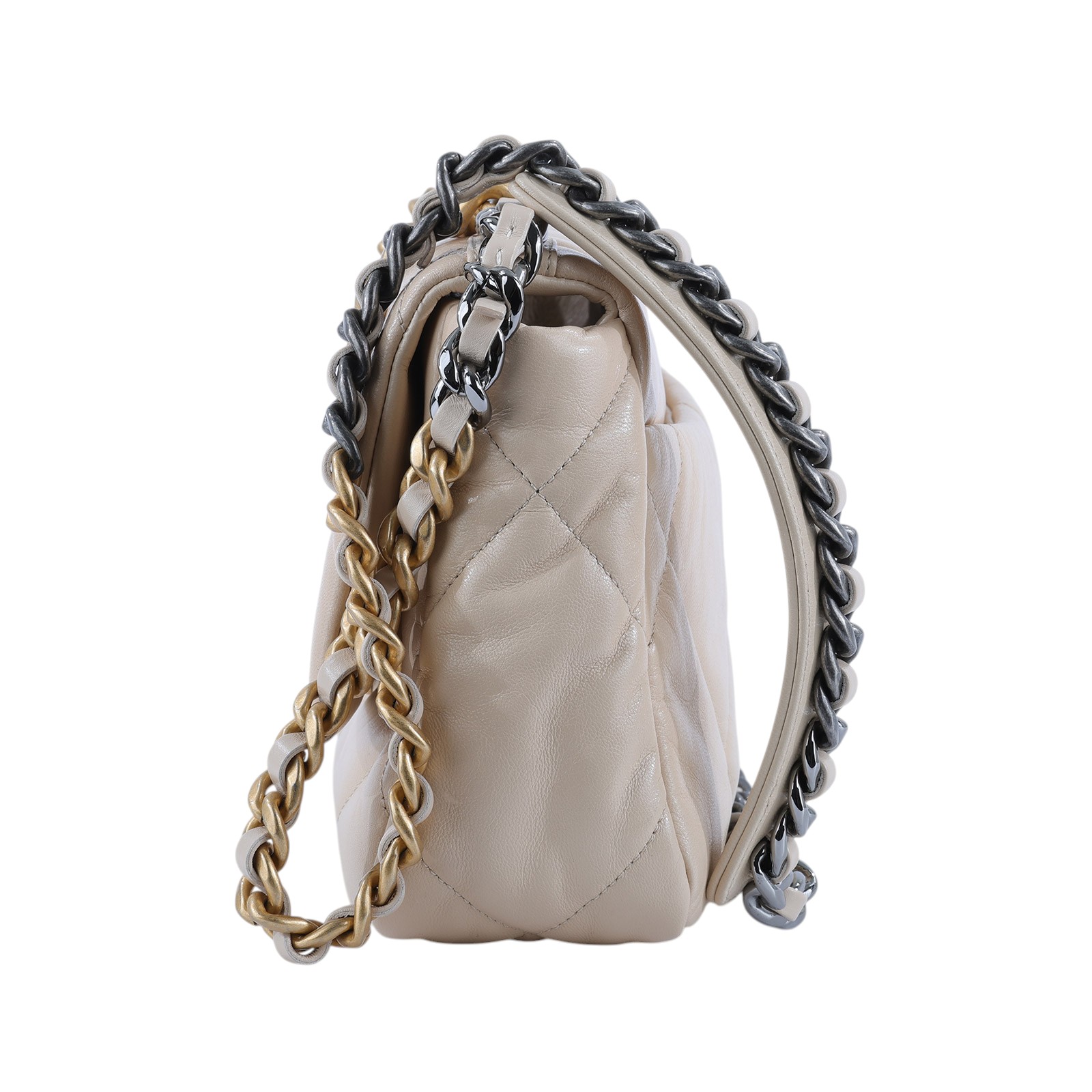 香奈兒 CHANEL 19 口蓋包 菱格紋 金銀鍊帶 手提 肩背包  奶茶19 小號 防塵袋/原廠盒子