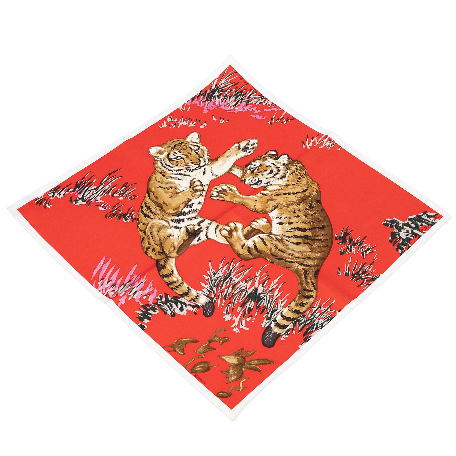 愛馬仕 Hermes Les Tigreaux scarf 45 方巾 H892491S 紅老虎嬉戲絲巾45 原廠盒子