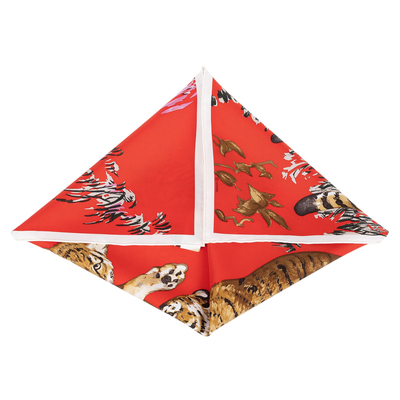 愛馬仕 Hermes Les Tigreaux scarf 45 方巾 H892491S 紅老虎嬉戲絲巾45 原廠盒子