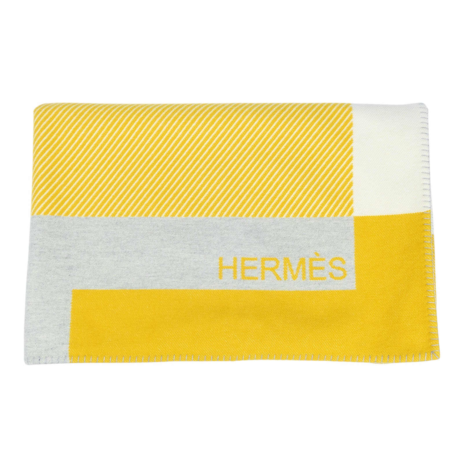 愛馬仕 Hermes 喀什米爾毯  黃格紋大毛毯 無附屬品