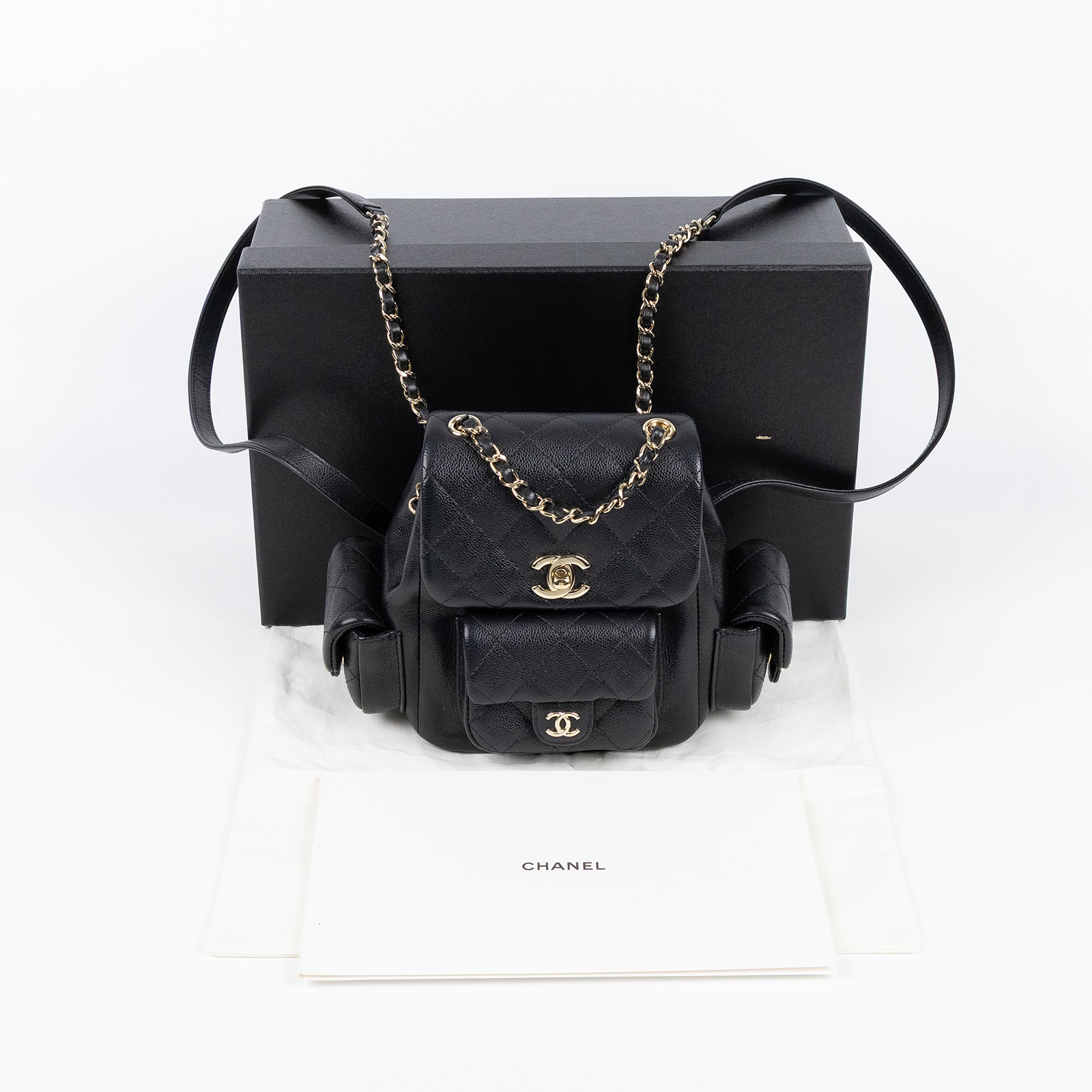 香奈兒 CHANEL 粒紋小牛皮 金色金屬 小型 後背包 AS4399 B14256 黑金荔枝坦克後背 防塵袋/原廠盒子