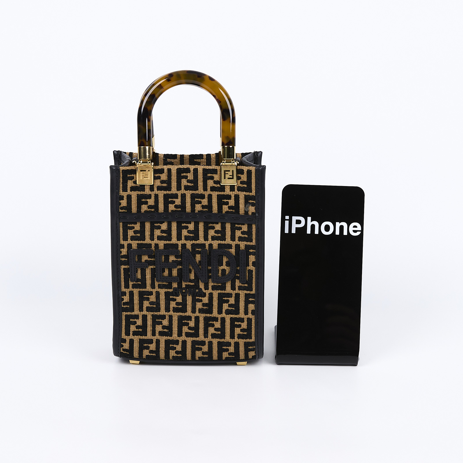 芬迪 FENDI Sunshine 迷你 手提包 皮革 迷你 包款 8BS051F0VPJ 咖黑FF編織琴譜包 防塵袋/保證卡