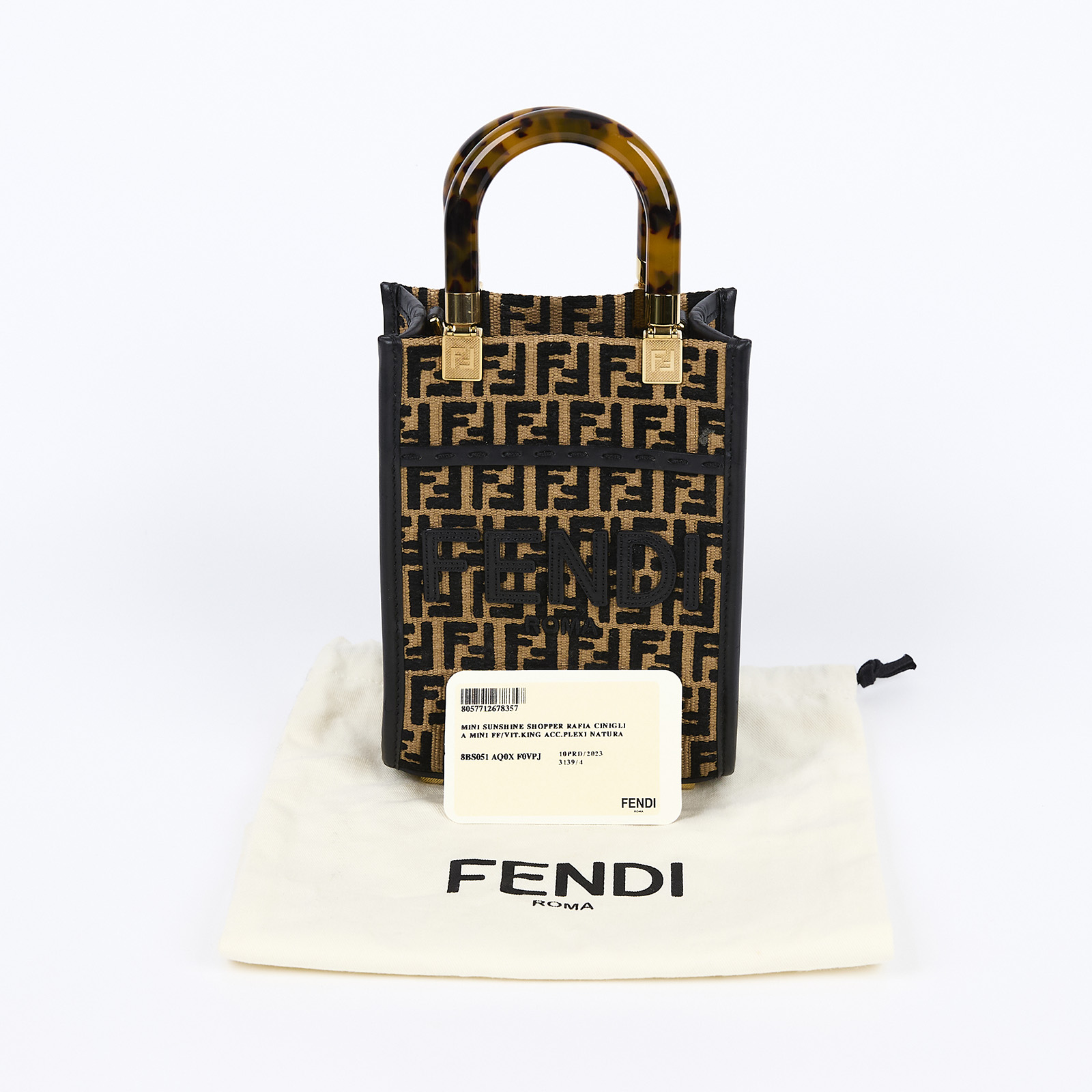 芬迪 FENDI Sunshine 迷你 手提包 皮革 迷你 包款 8BS051F0VPJ 咖黑FF編織琴譜包 防塵袋/保證卡