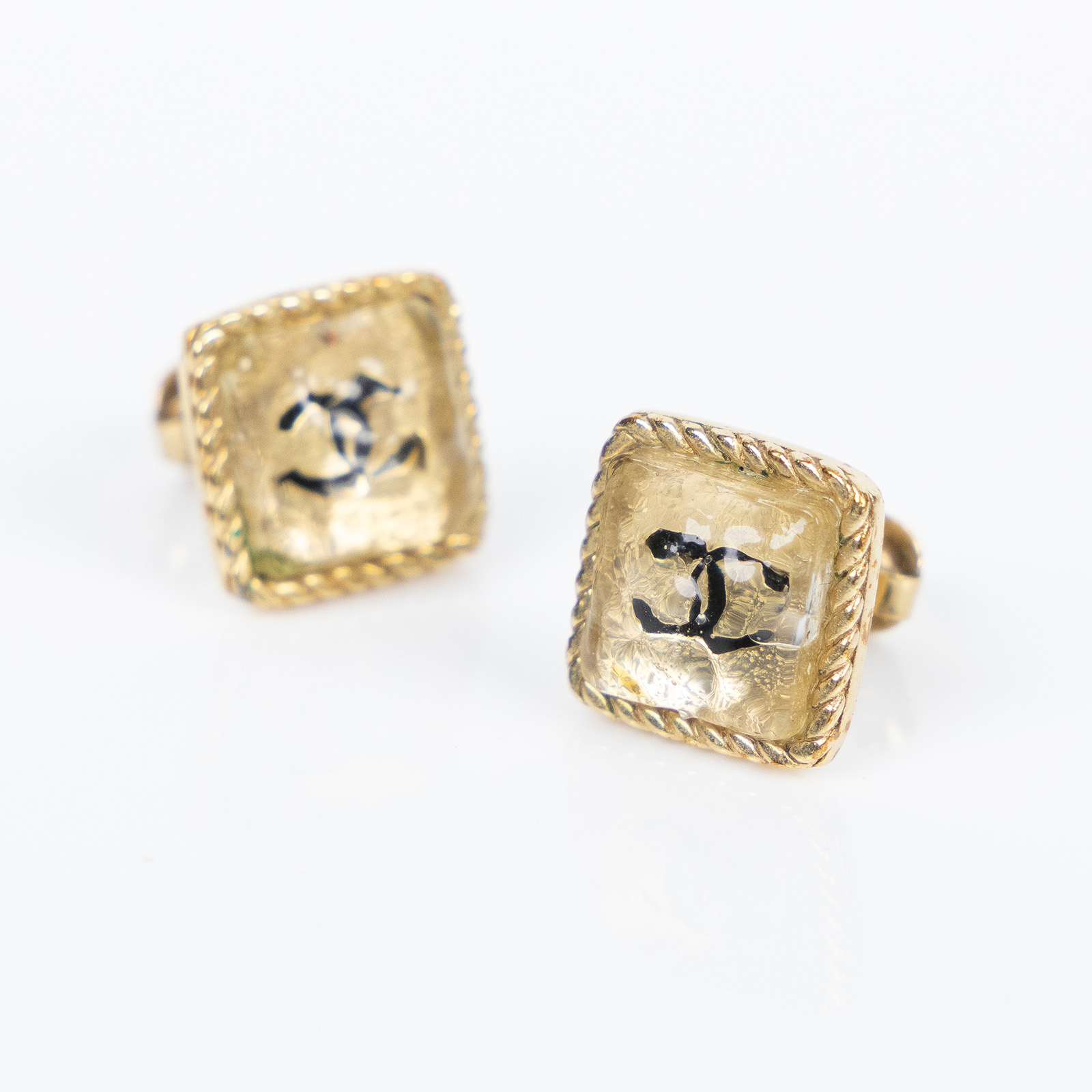 香奈兒 CHANEL 耳釘 00C 金方形麻花邊黑LOGO耳環 原廠盒子