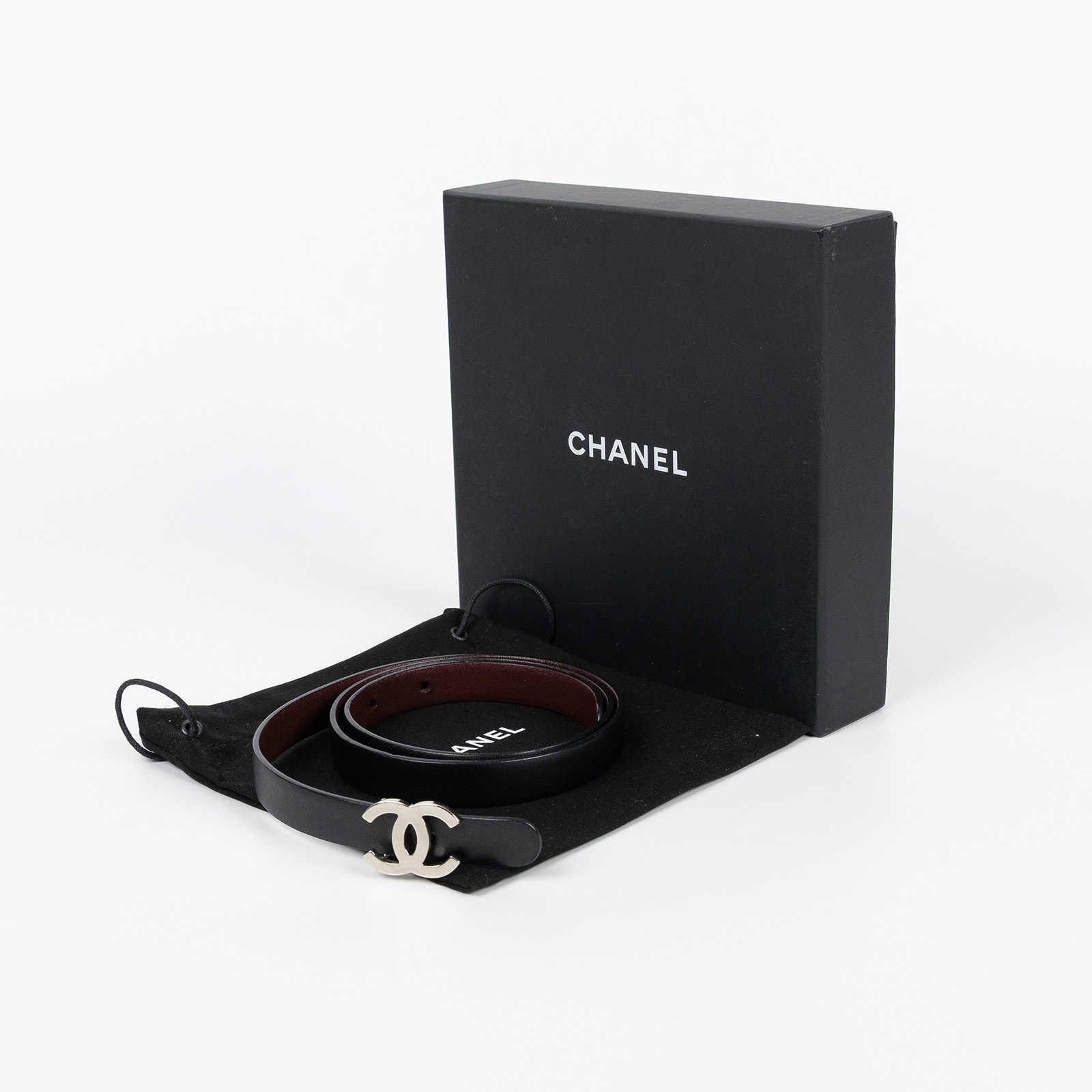 香奈兒 CHANEL 皮帶  銀雙C釦黑皮帶 防塵袋/原廠盒子