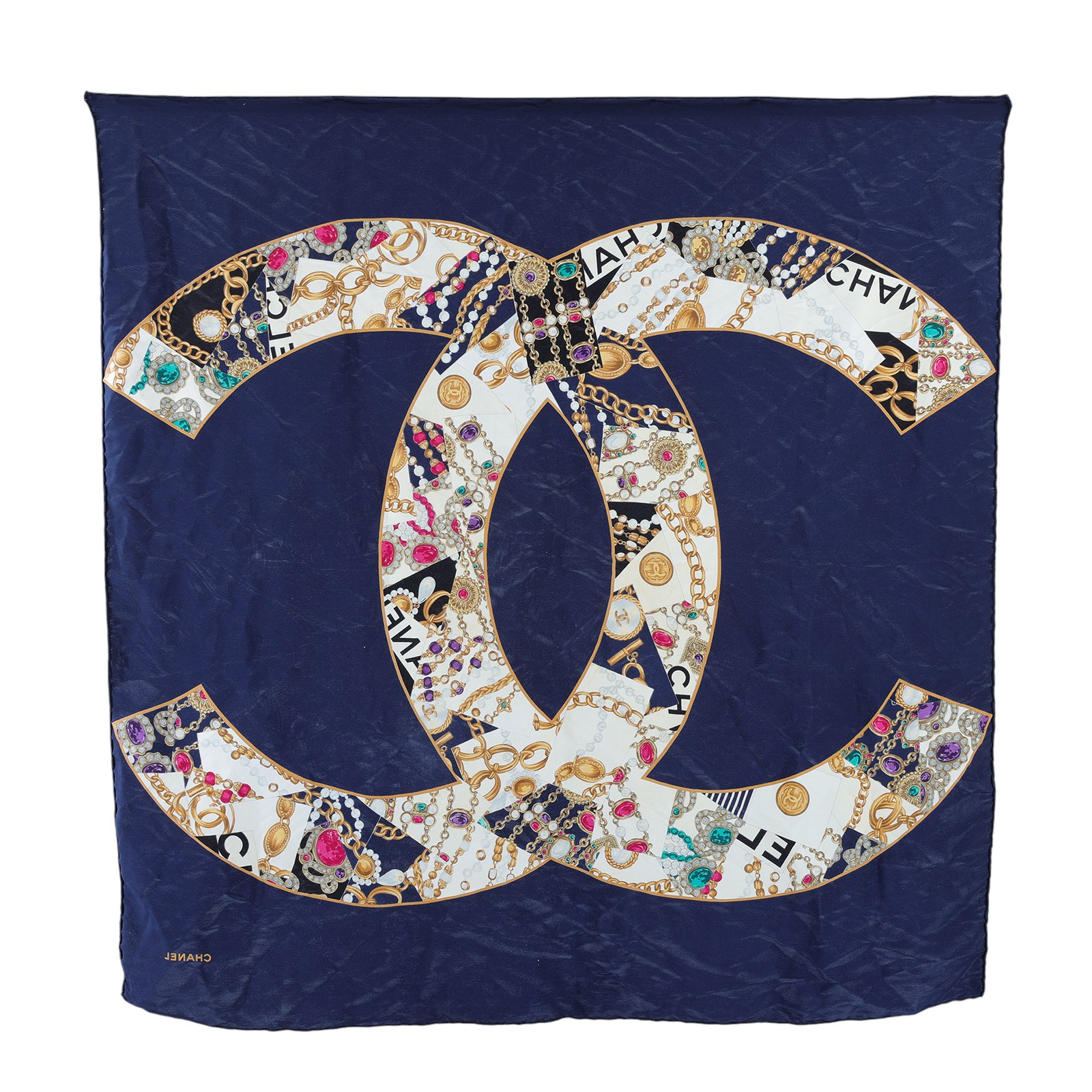 香奈兒 CHANEL 絲巾  深藍雙CLOGO絲巾 無附屬品