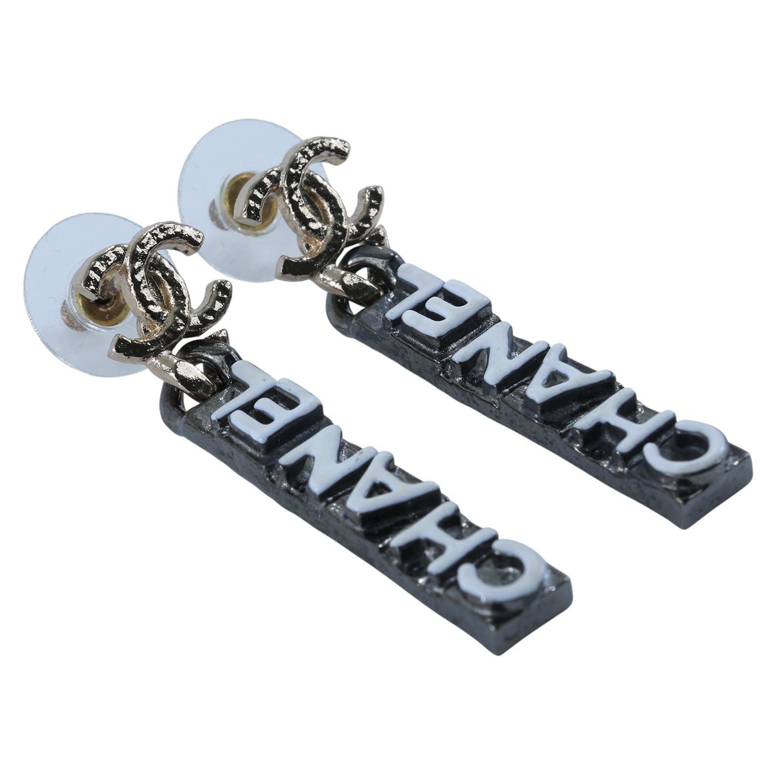 香奈兒 CHANEL 耳釘 C 21K 黑長方形LOGO垂墜耳環 原廠盒子