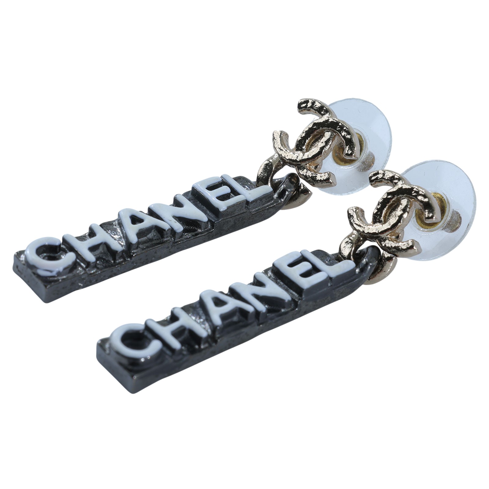 香奈兒 CHANEL 耳釘 C 21K 黑長方形LOGO垂墜耳環 原廠盒子