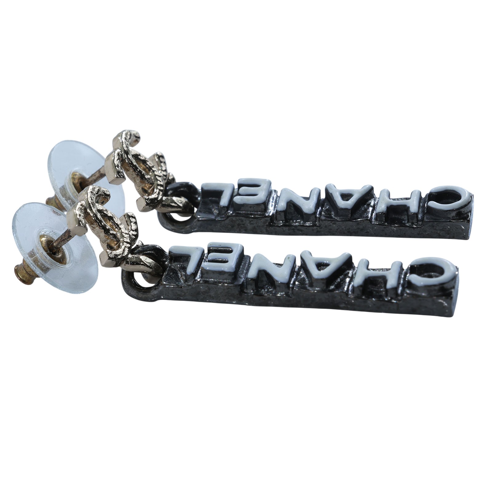 香奈兒 CHANEL 耳釘 C 21K 黑長方形LOGO垂墜耳環 原廠盒子