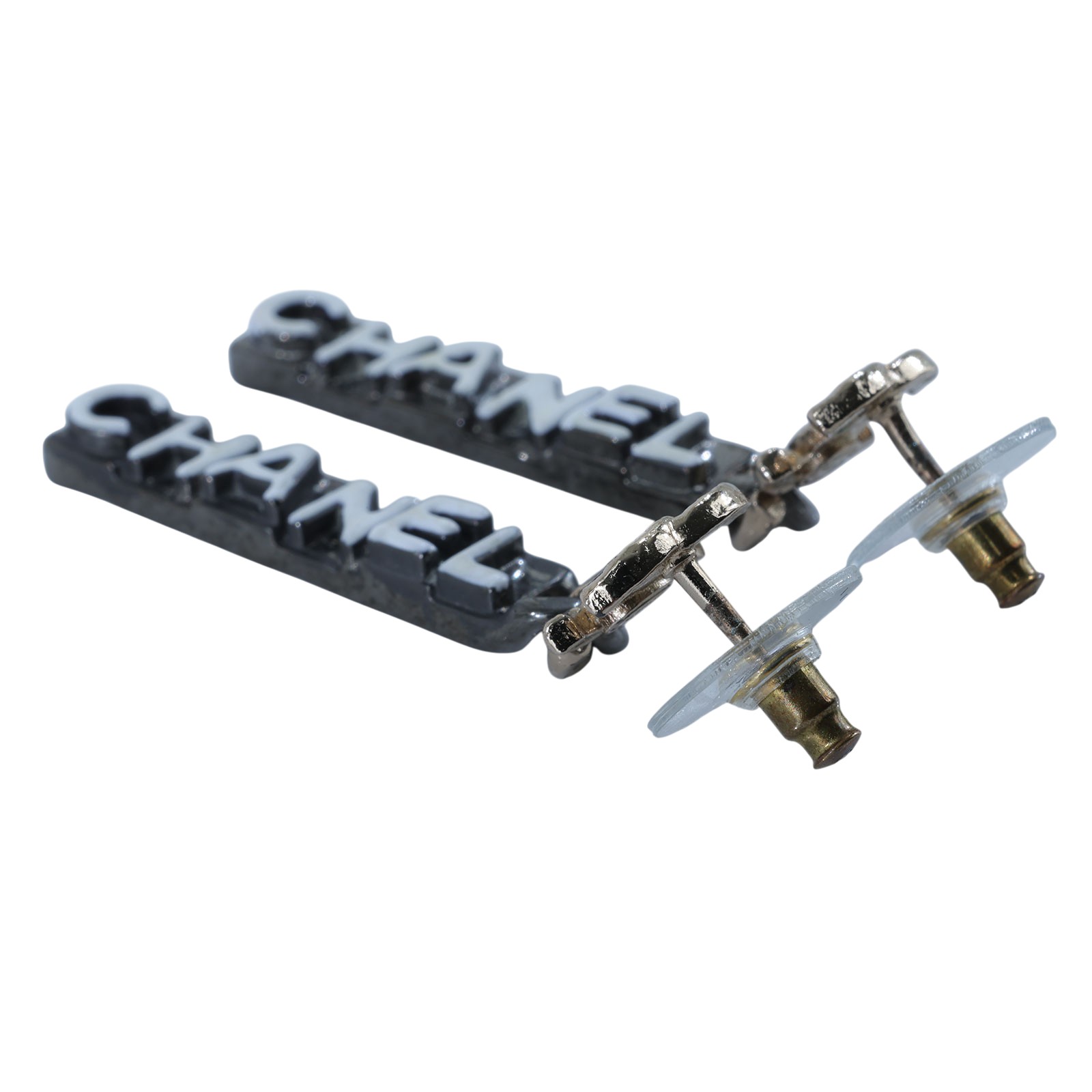 香奈兒 CHANEL 耳釘 C 21K 黑長方形LOGO垂墜耳環 原廠盒子