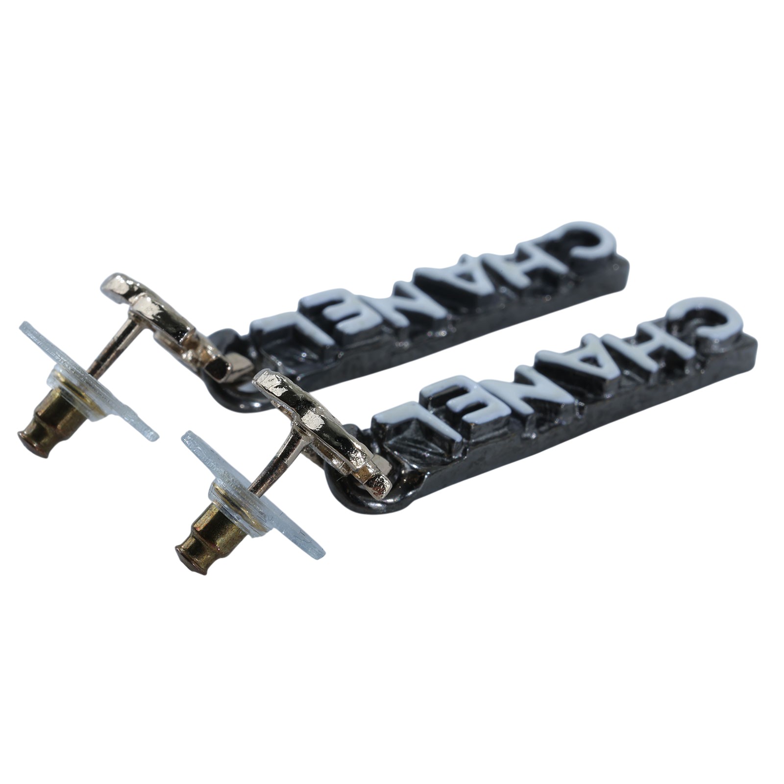 香奈兒 CHANEL 耳釘 C 21K 黑長方形LOGO垂墜耳環 原廠盒子