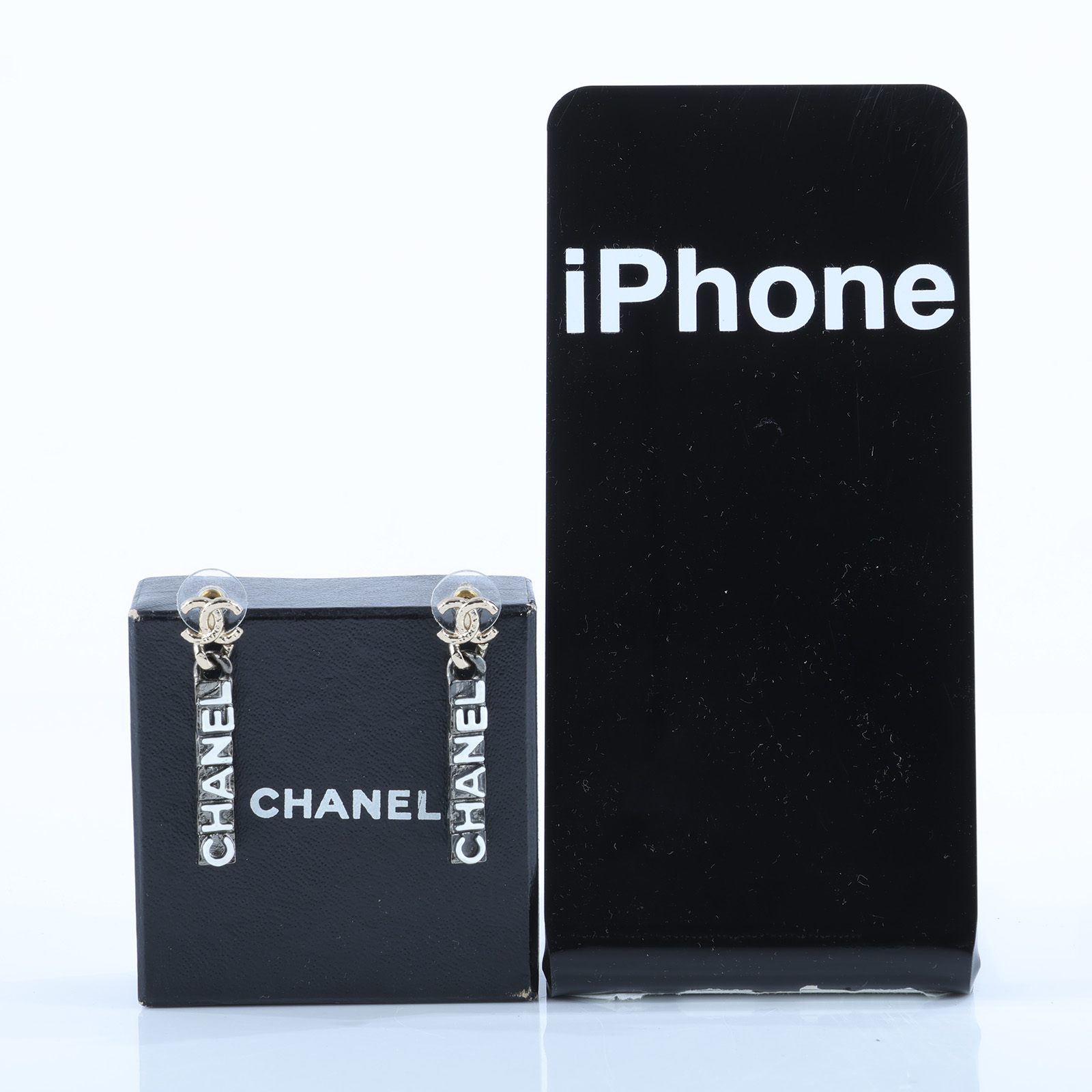 香奈兒 CHANEL 耳釘 C 21K 黑長方形LOGO垂墜耳環 原廠盒子