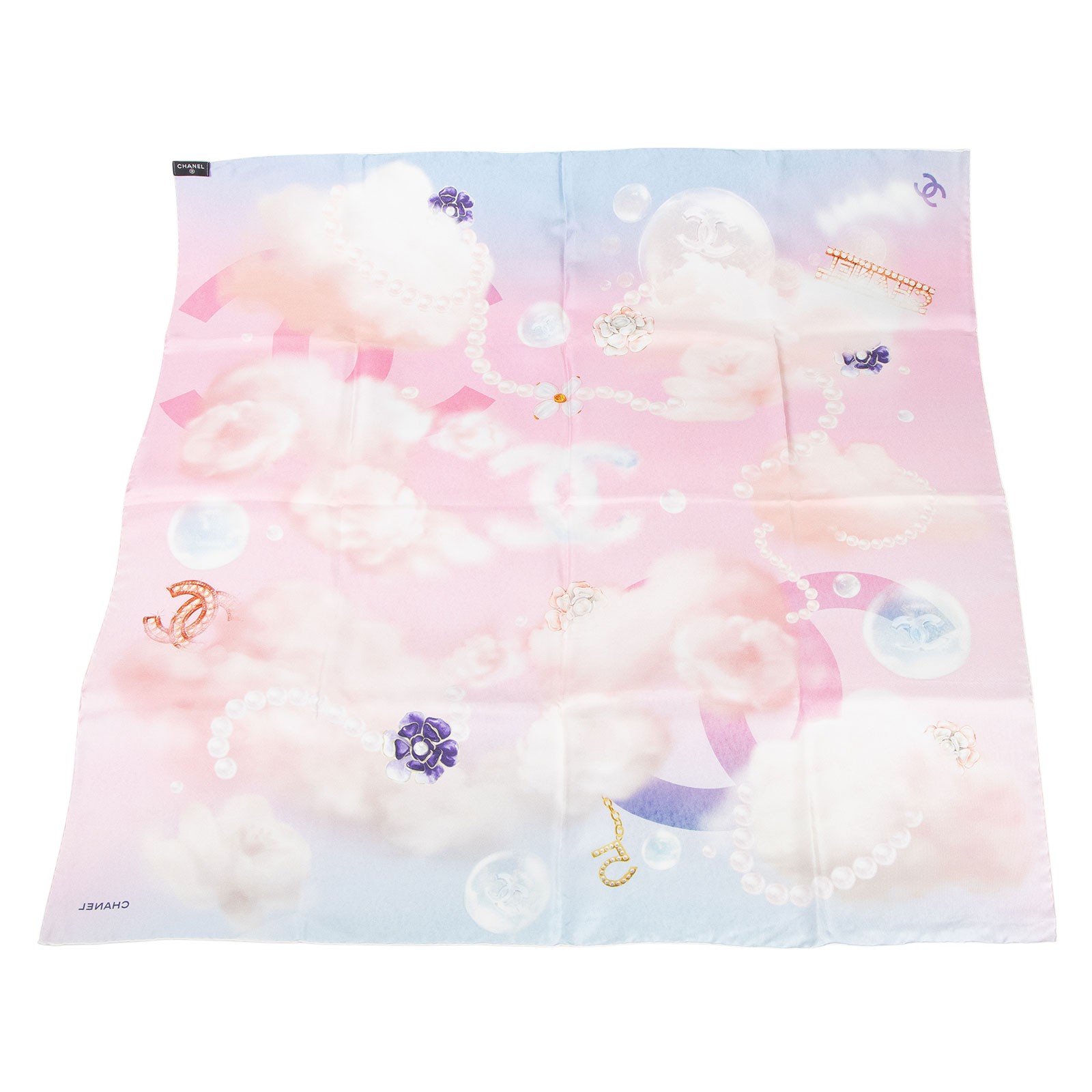 香奈兒 CHANEL 藍粉夢幻 絲巾 粉色  藍粉夢幻絲巾 90CM 原廠盒子