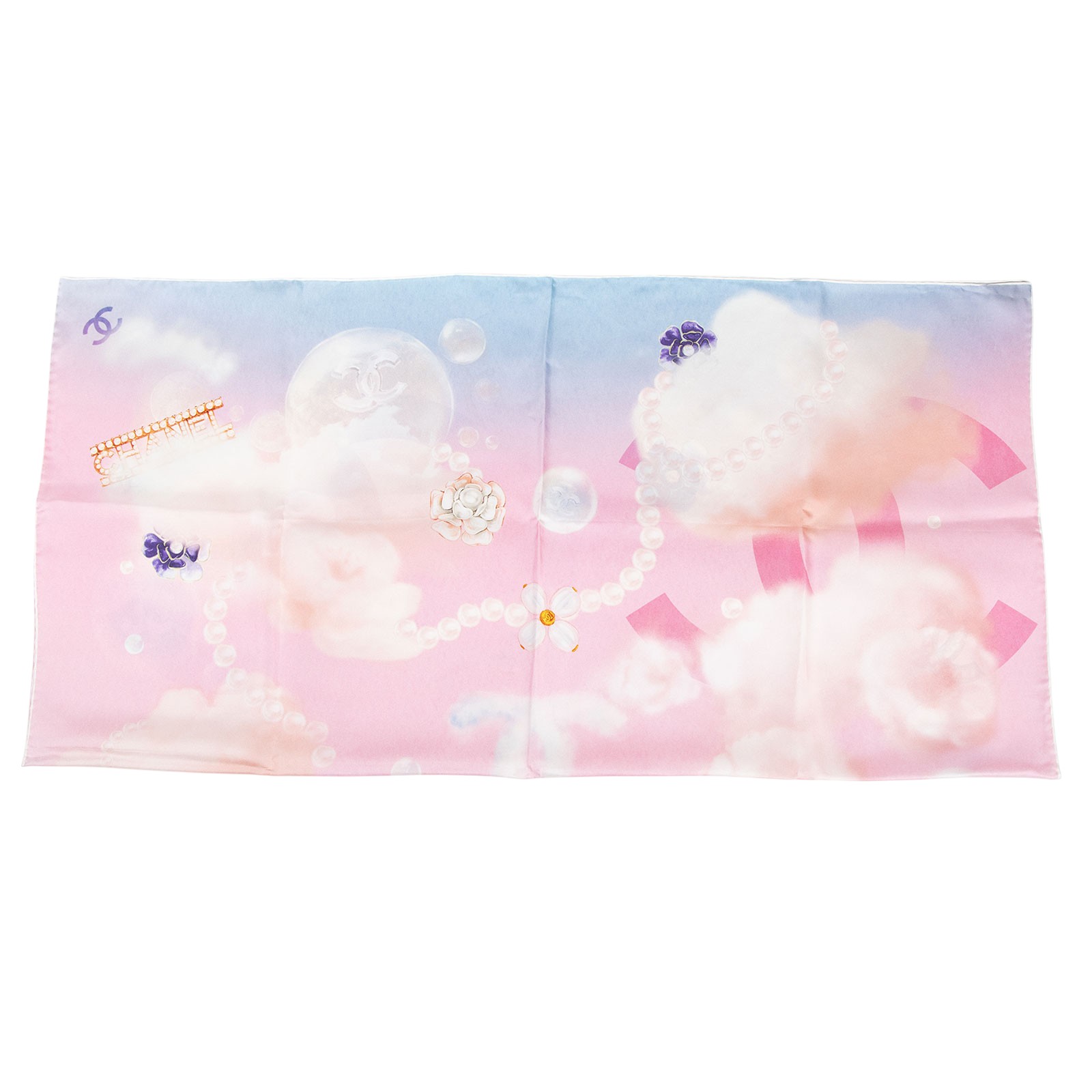 香奈兒 CHANEL 藍粉夢幻 絲巾 粉色  藍粉夢幻絲巾 90CM 原廠盒子