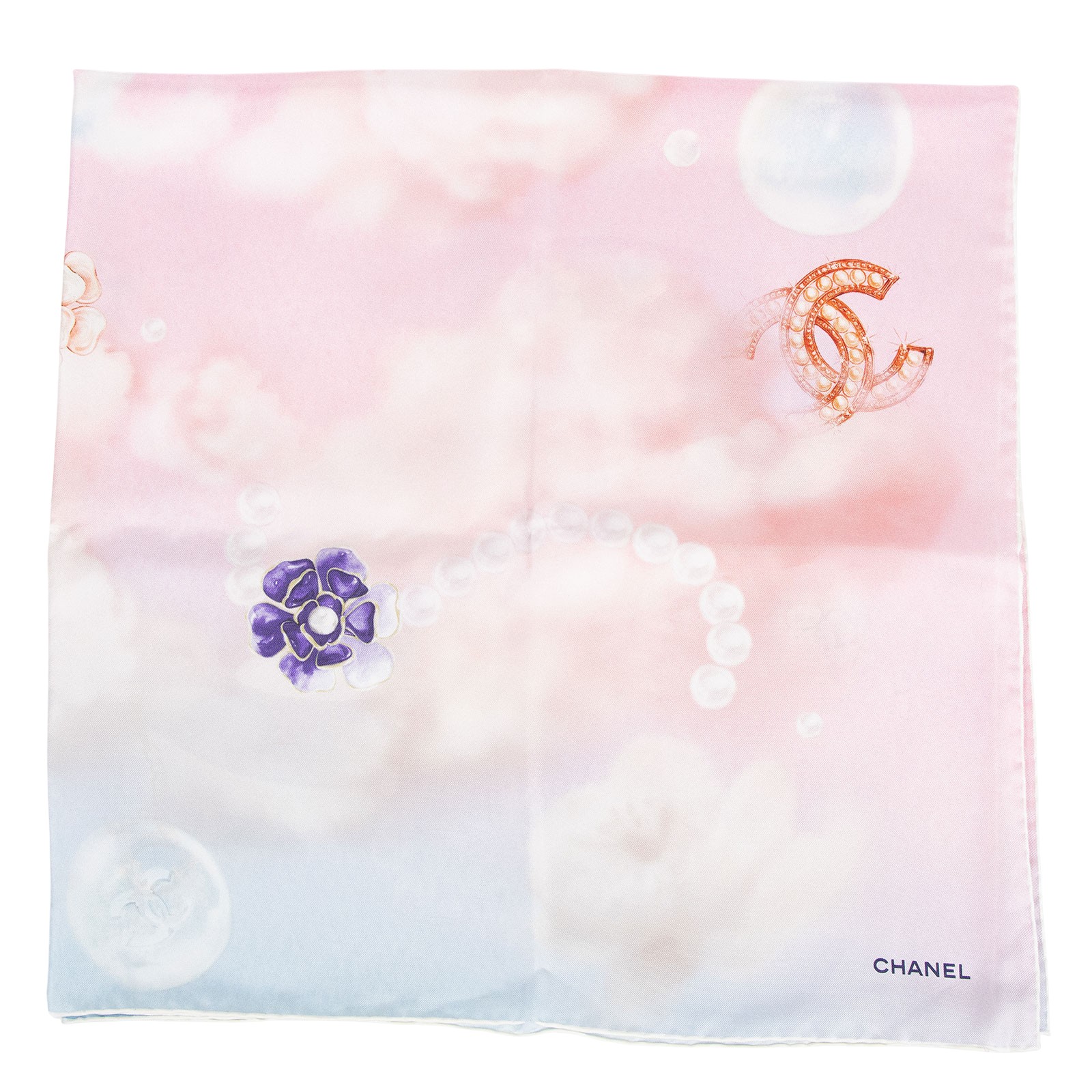 香奈兒 CHANEL 藍粉夢幻 絲巾 粉色  藍粉夢幻絲巾 90CM 原廠盒子