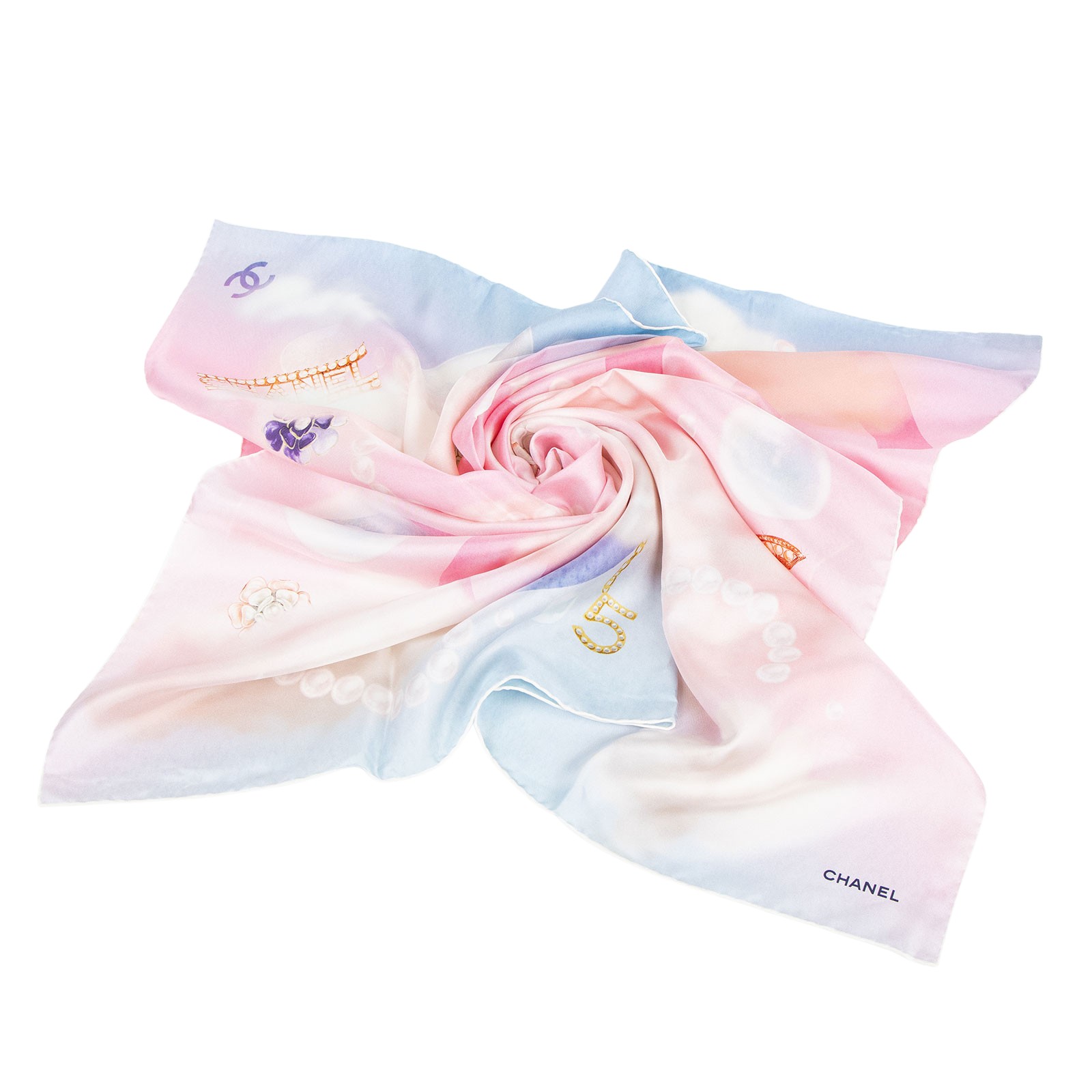 香奈兒 CHANEL 藍粉夢幻 絲巾 粉色  藍粉夢幻絲巾 90CM 原廠盒子