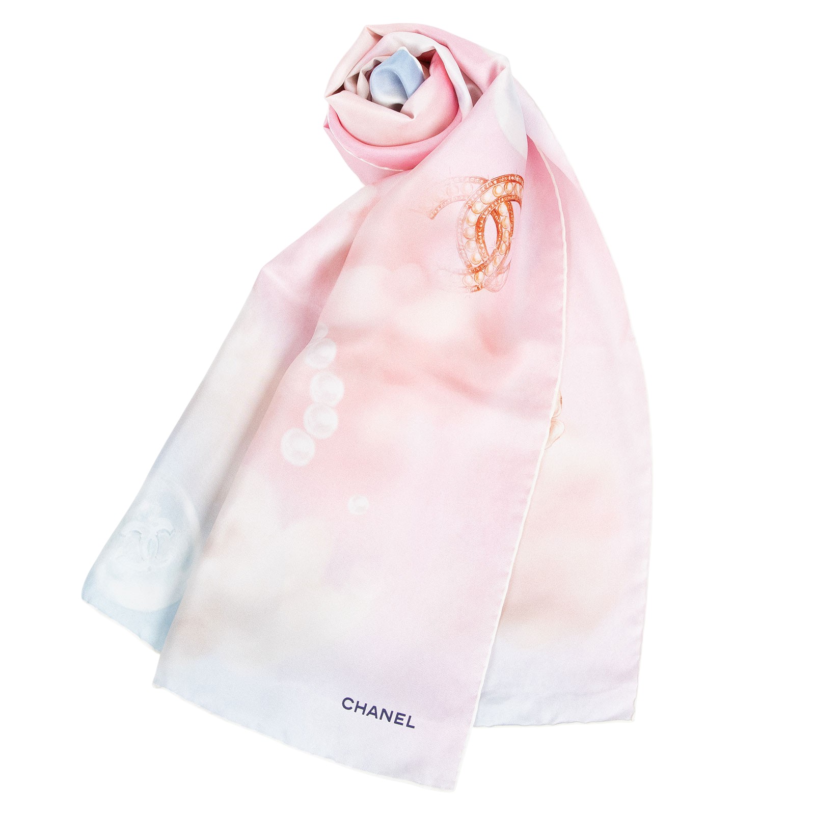 香奈兒 CHANEL 藍粉夢幻 絲巾 粉色  藍粉夢幻絲巾 90CM 原廠盒子