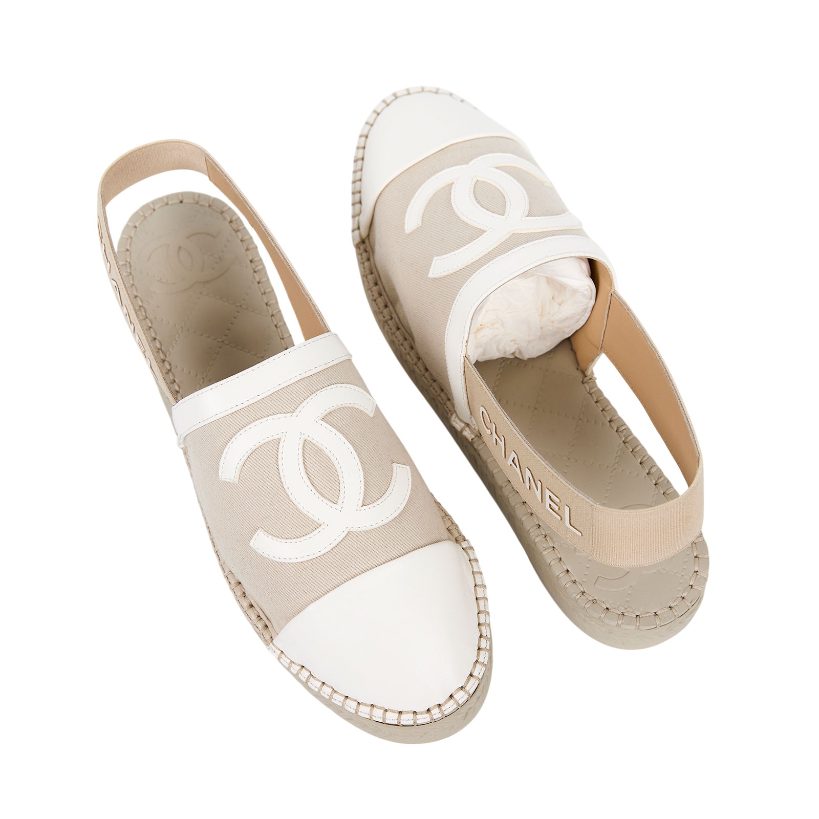 香奈兒 CHANEL 雙C LOGO 字母 繫帶 涼鞋 穆勒鞋 帆布 米白 G34817_37 米白繫帶涼鞋 #37 防塵袋/原廠盒子/購買證明