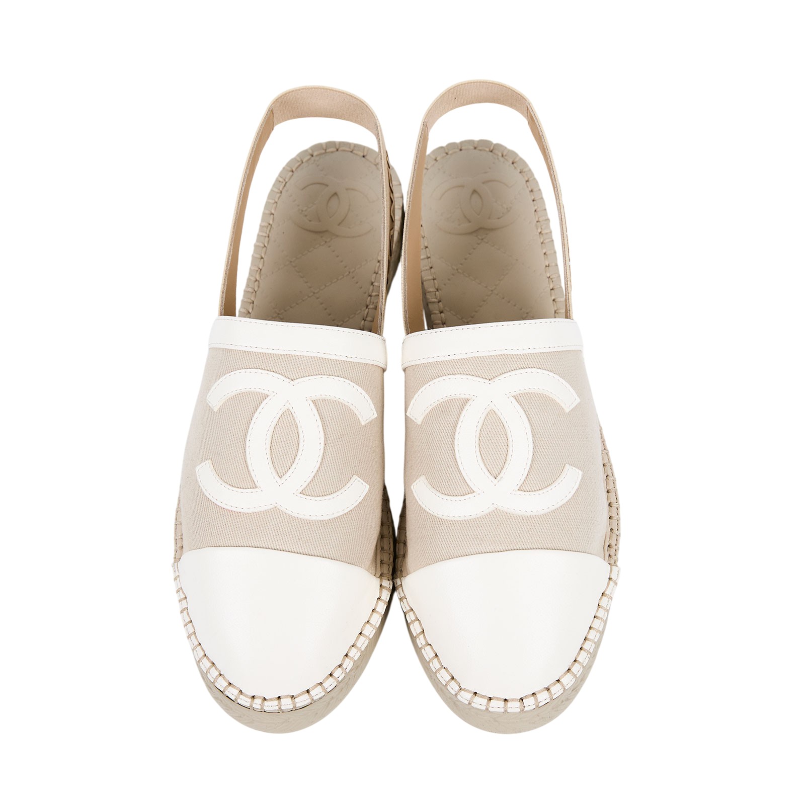 香奈兒 CHANEL 雙C LOGO 字母 繫帶 涼鞋 穆勒鞋 帆布 米白 G34817_37 米白繫帶涼鞋 #37 防塵袋/原廠盒子/購買證明