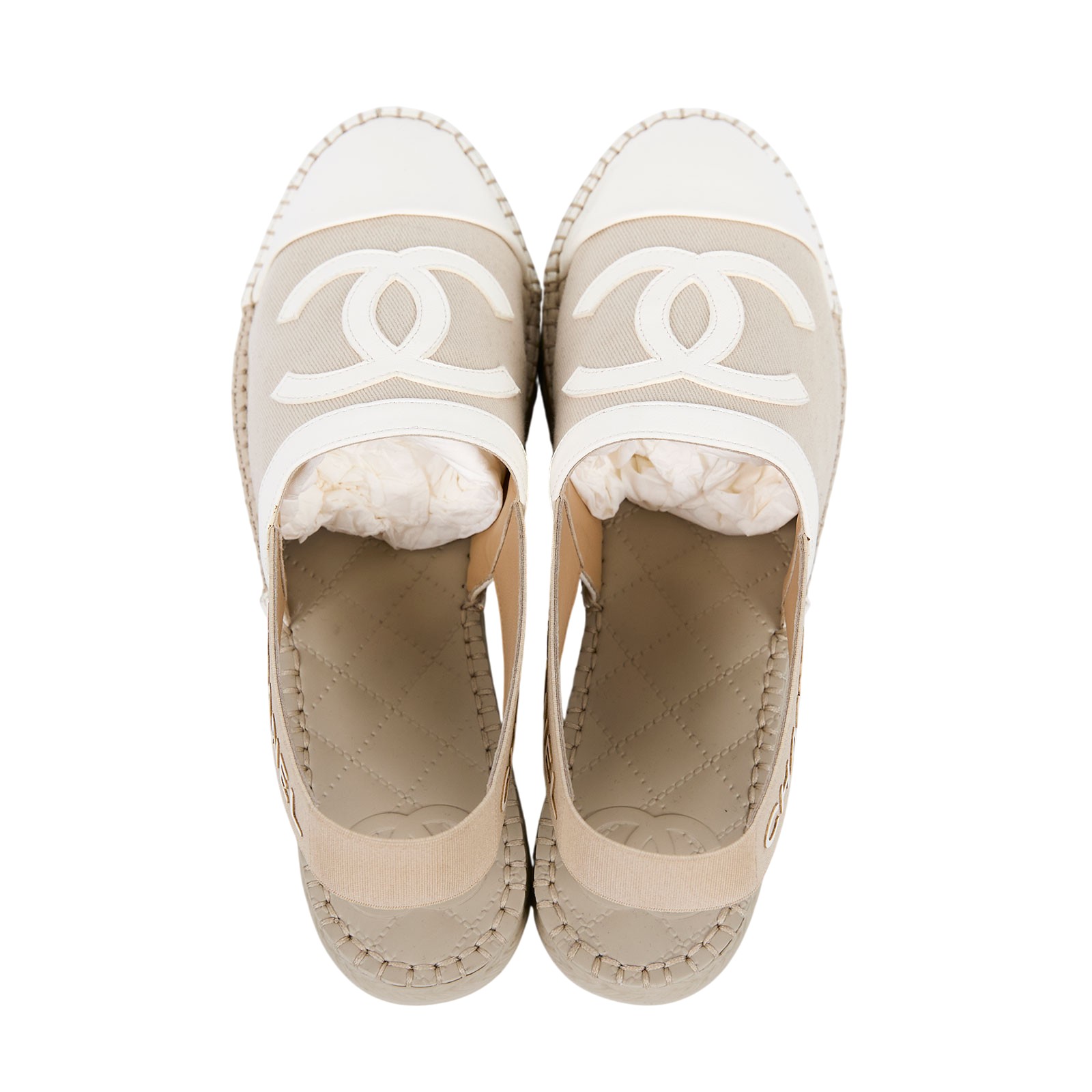 香奈兒 CHANEL 雙C LOGO 字母 繫帶 涼鞋 穆勒鞋 帆布 米白 G34817_37 米白繫帶涼鞋 #37 防塵袋/原廠盒子/購買證明