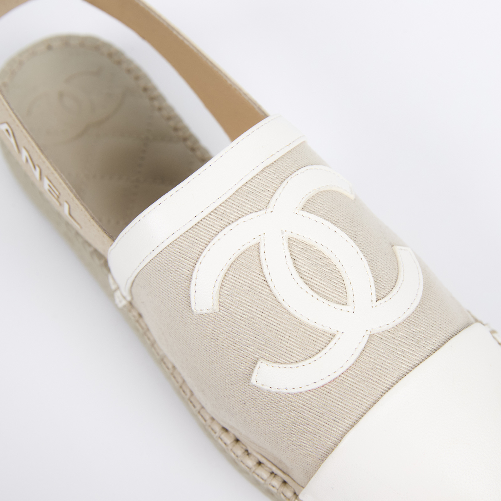 香奈兒 CHANEL 雙C LOGO 字母 繫帶 涼鞋 穆勒鞋 帆布 米白 G34817_37 米白繫帶涼鞋 #37 防塵袋/原廠盒子/購買證明