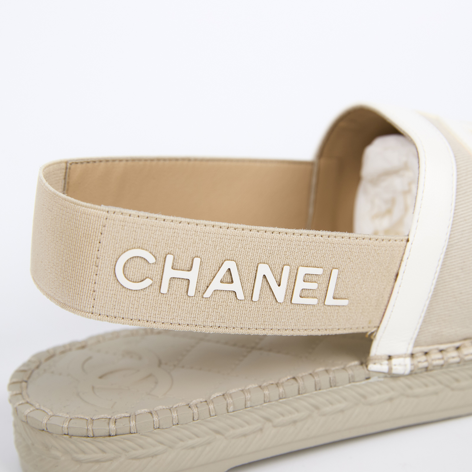 香奈兒 CHANEL 雙C LOGO 字母 繫帶 涼鞋 穆勒鞋 帆布 米白 G34817_37 米白繫帶涼鞋 #37 防塵袋/原廠盒子/購買證明