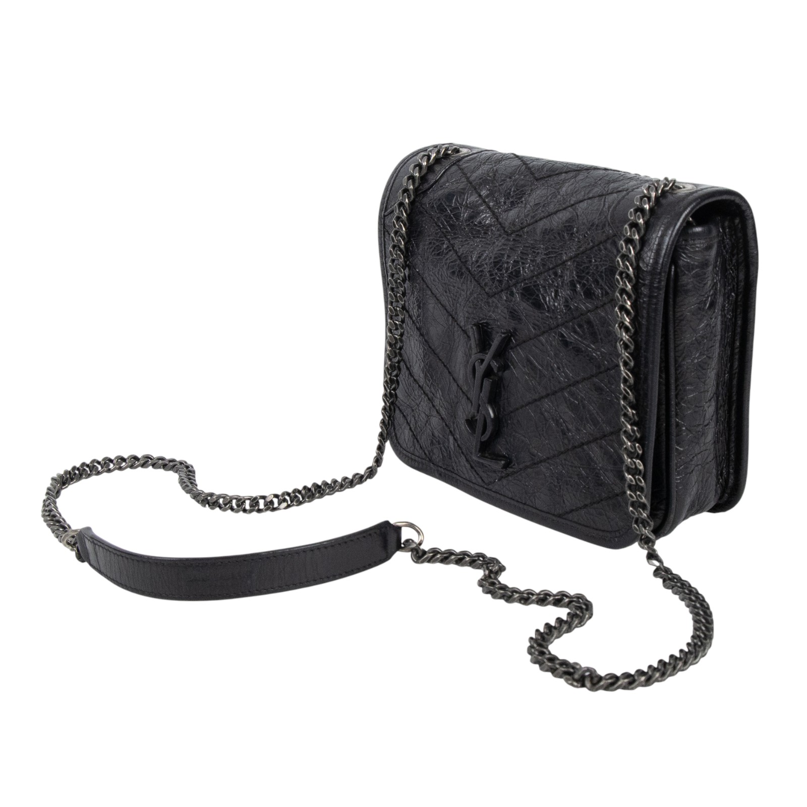 聖羅蘭 YSL SAINT LAURENT Niki 復古皮革 手袋 銀色五金 5831030EN04 黑NIKI WOC 防塵袋