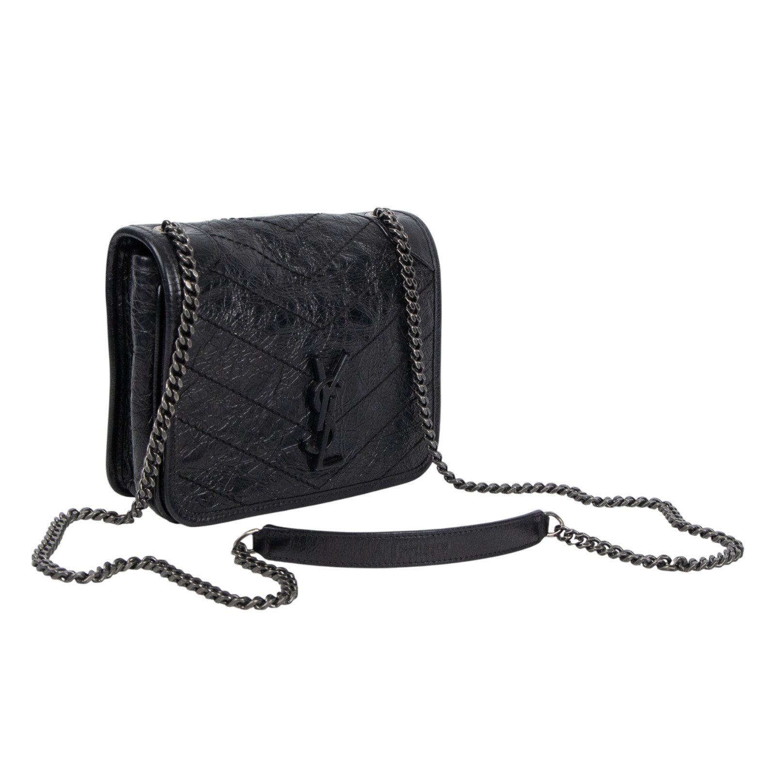 聖羅蘭 YSL SAINT LAURENT Niki 復古皮革 手袋 銀色五金 5831030EN04 黑NIKI WOC 防塵袋