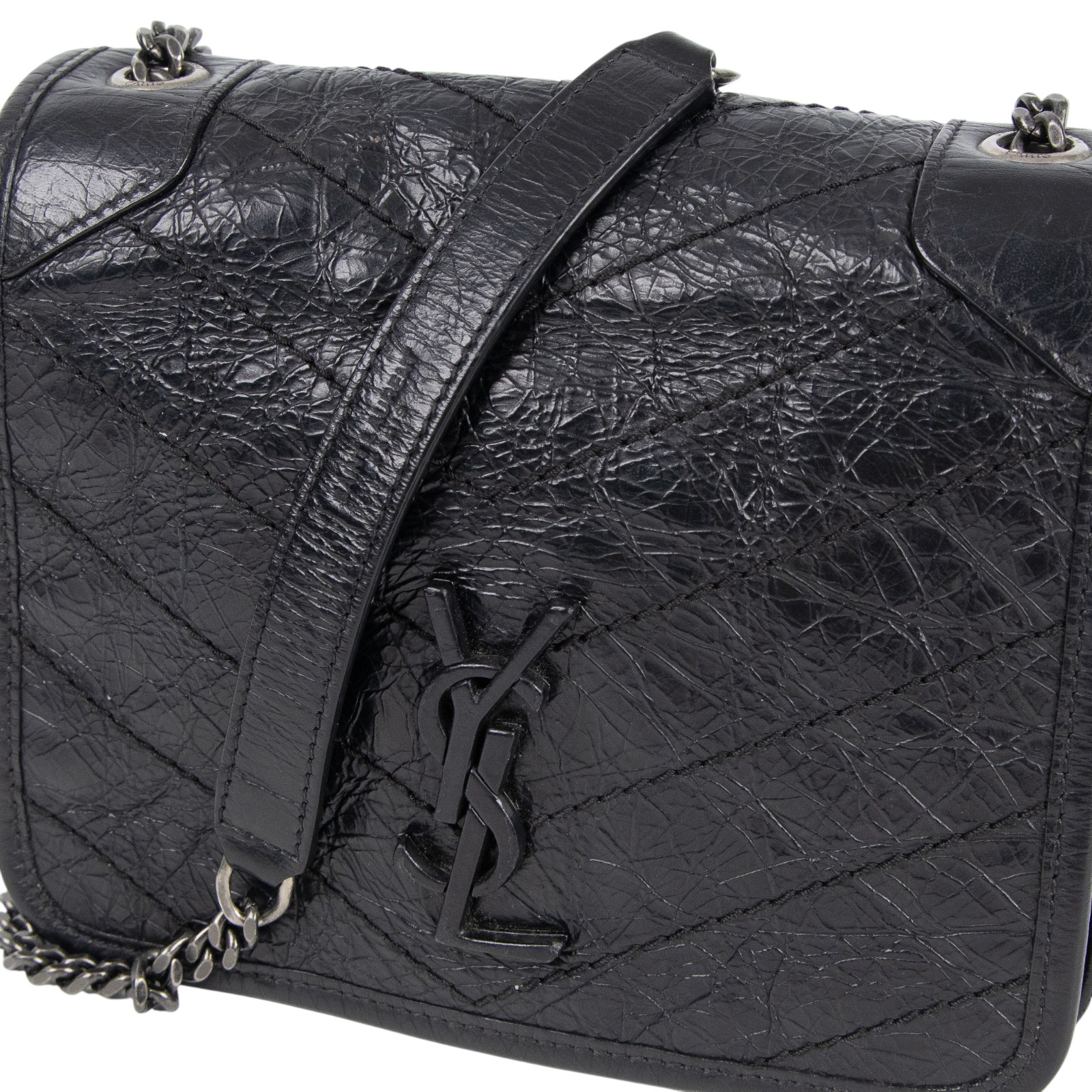 聖羅蘭 YSL SAINT LAURENT Niki 復古皮革 手袋 銀色五金 5831030EN04 黑NIKI WOC 防塵袋