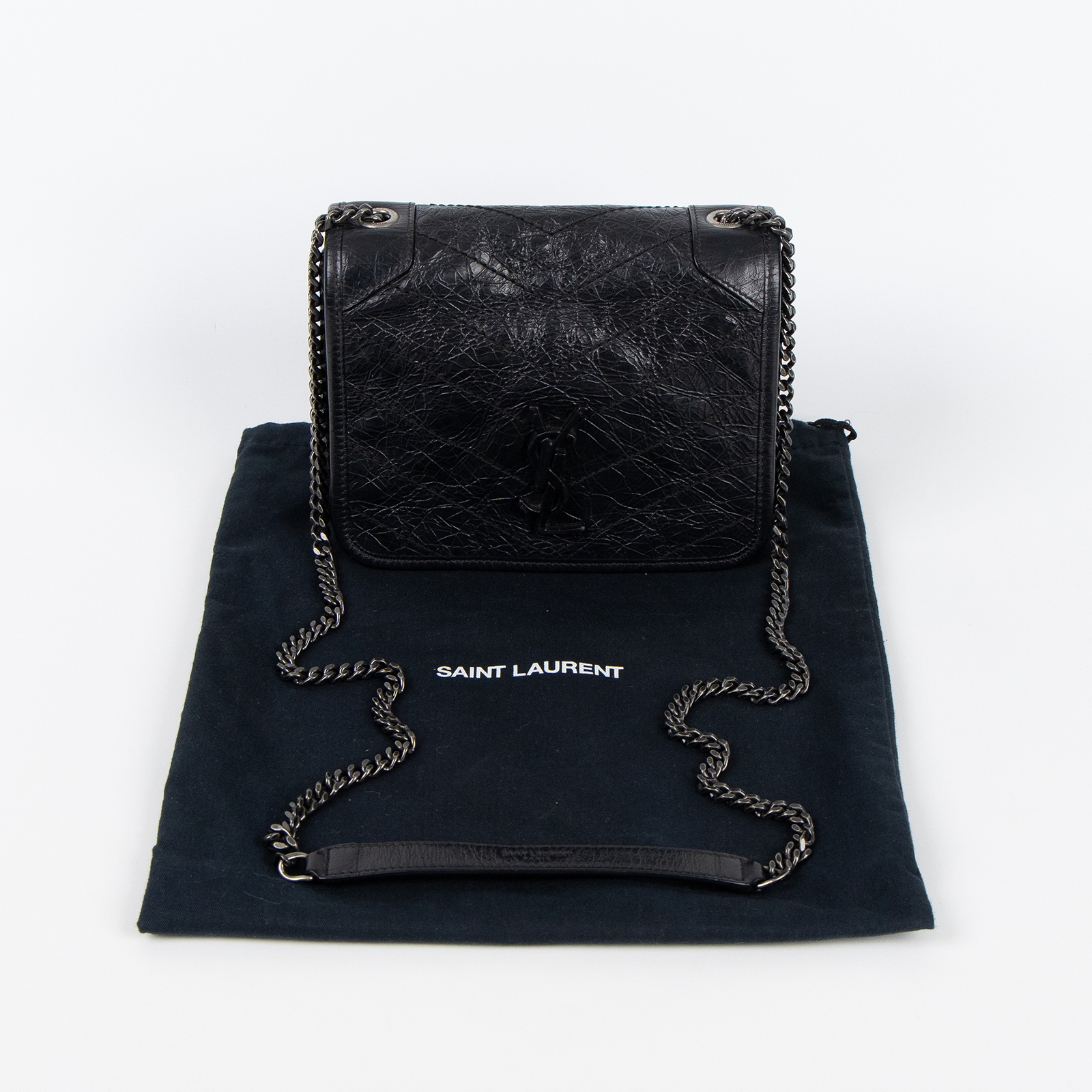 聖羅蘭 YSL SAINT LAURENT Niki 復古皮革 手袋 銀色五金 5831030EN04 黑NIKI WOC 防塵袋