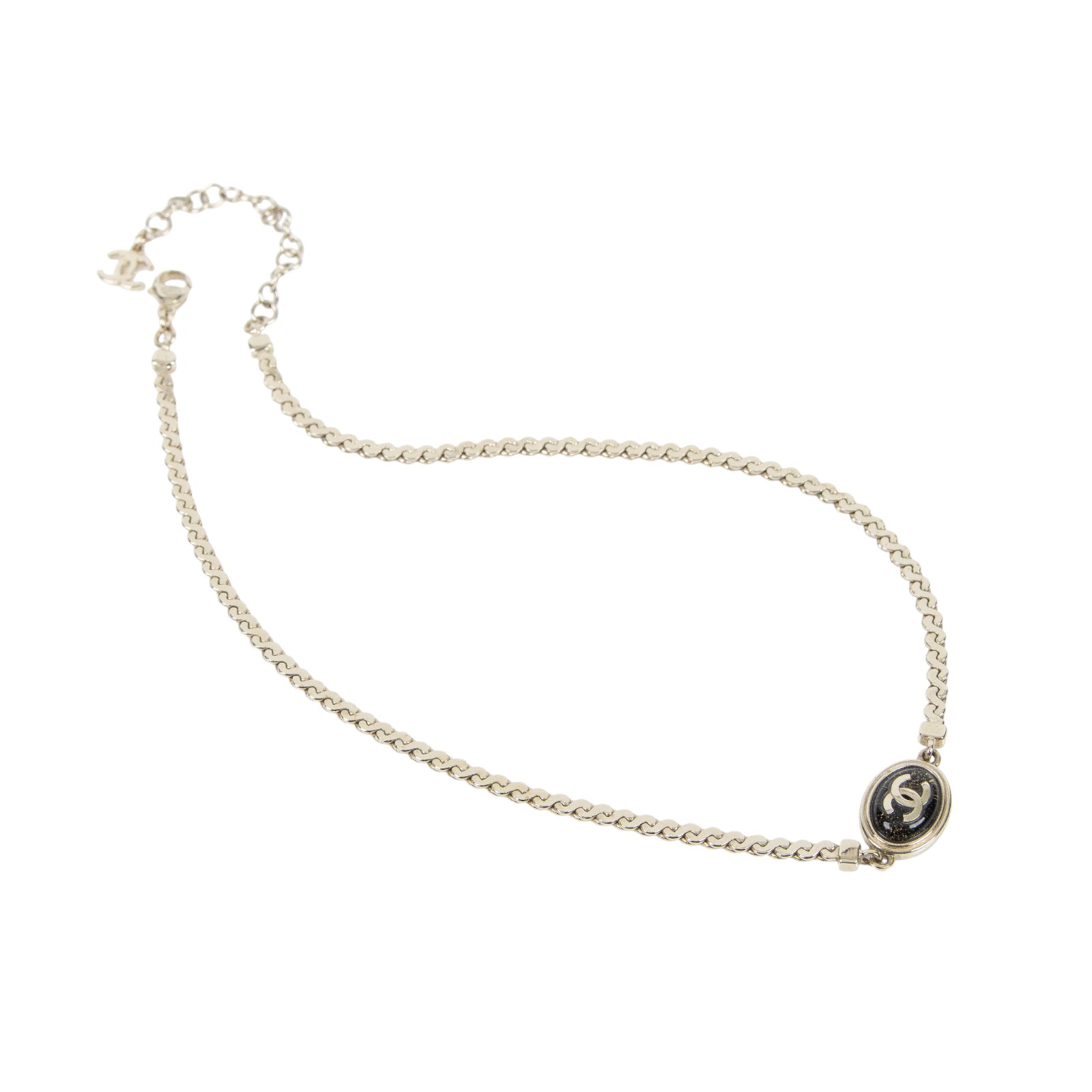 香奈兒 CHANEL CC 項鍊 C25 A 淡金黑橢圓雙C鎖骨鍊 原廠盒子 內襯