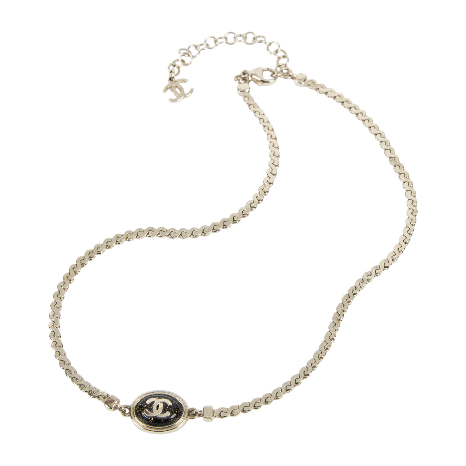 香奈兒 CHANEL CC 項鍊 C25 A 淡金黑橢圓雙C鎖骨鍊 原廠盒子 內襯