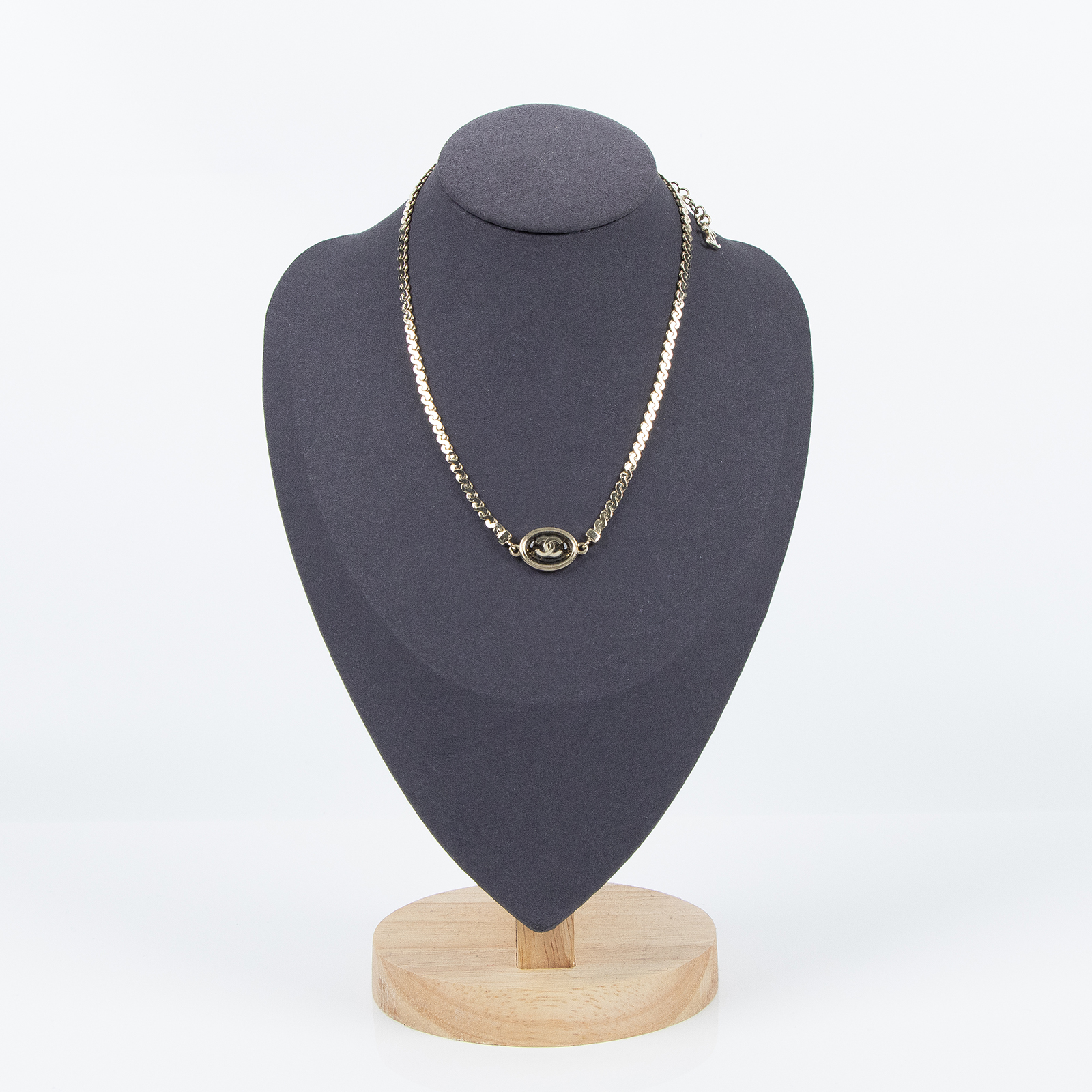 香奈兒 CHANEL CC 項鍊 C25 A 淡金黑橢圓雙C鎖骨鍊 原廠盒子 內襯