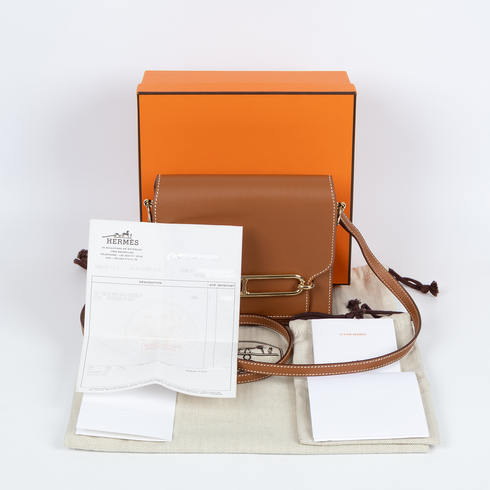 愛馬仕 Hermes Roulis 豬鼻子 斜背包 18 Mini 金色五金 金棕色 H070510CP37 /  原廠盒子/購買證明/防塵袋