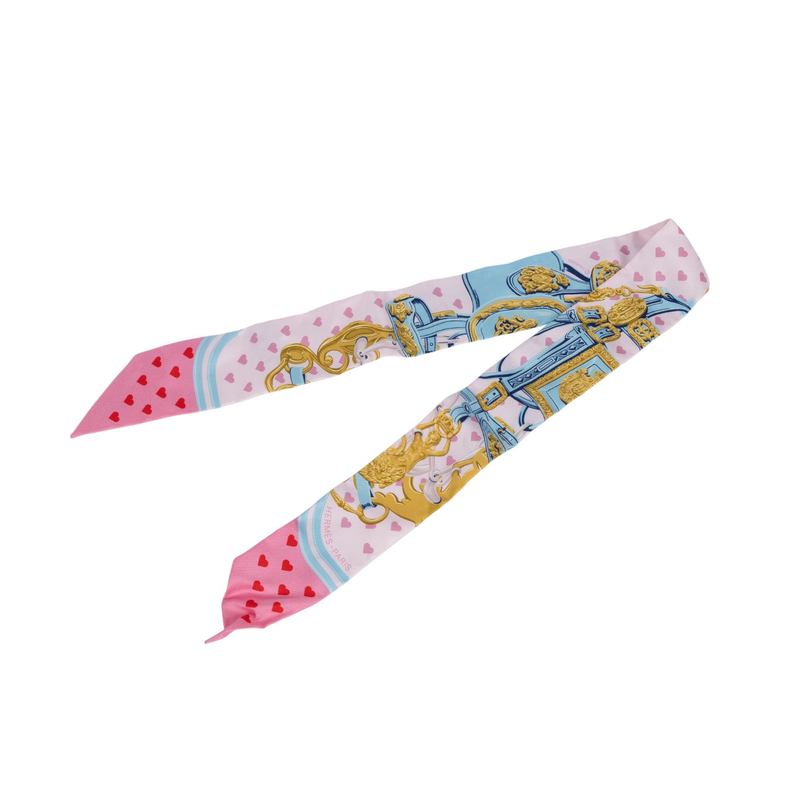 愛馬仕 Hermes Twilly 絲巾 TWILLYS85  粉藍金愛心TWILLY 原廠盒子/購買證明