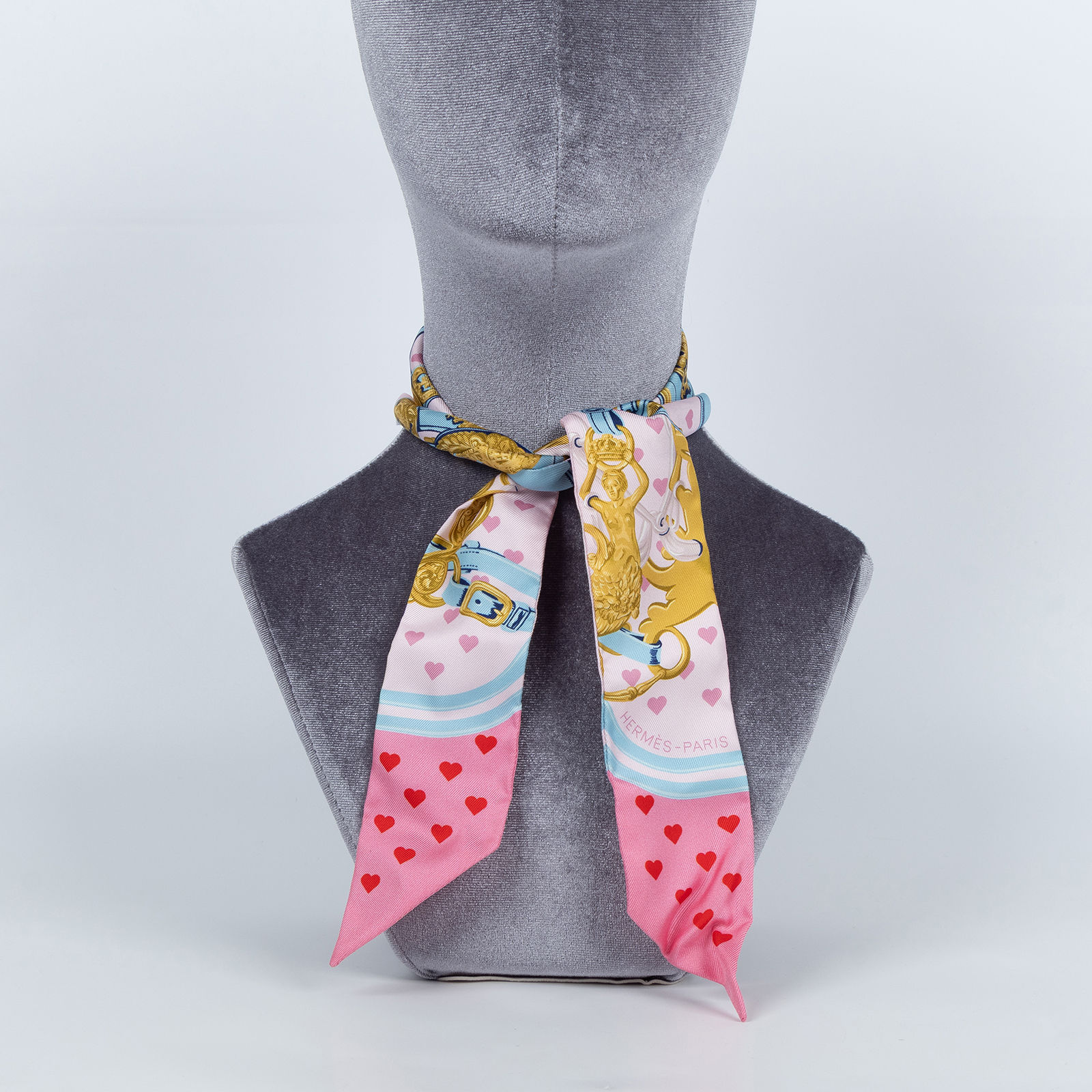 愛馬仕 Hermes Twilly 絲巾 TWILLYS85  粉藍金愛心TWILLY 原廠盒子/購買證明