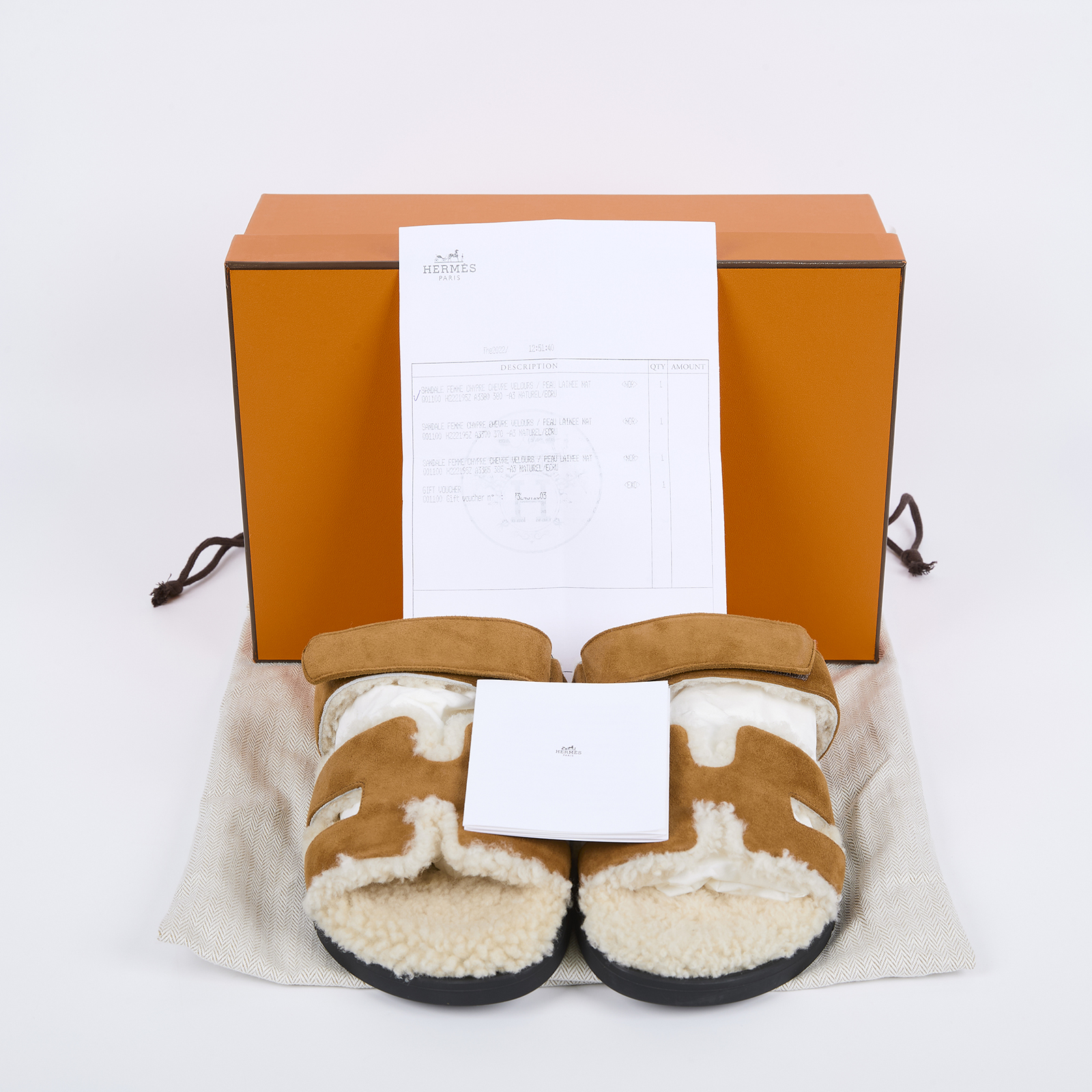 愛馬仕 Hermes Chypre 涼鞋 自然色 淺米色 H222195ZvA3380 H222195Z 毛毛焦糖麂皮二舊拖 #38 原廠盒子/購買證明/防塵袋