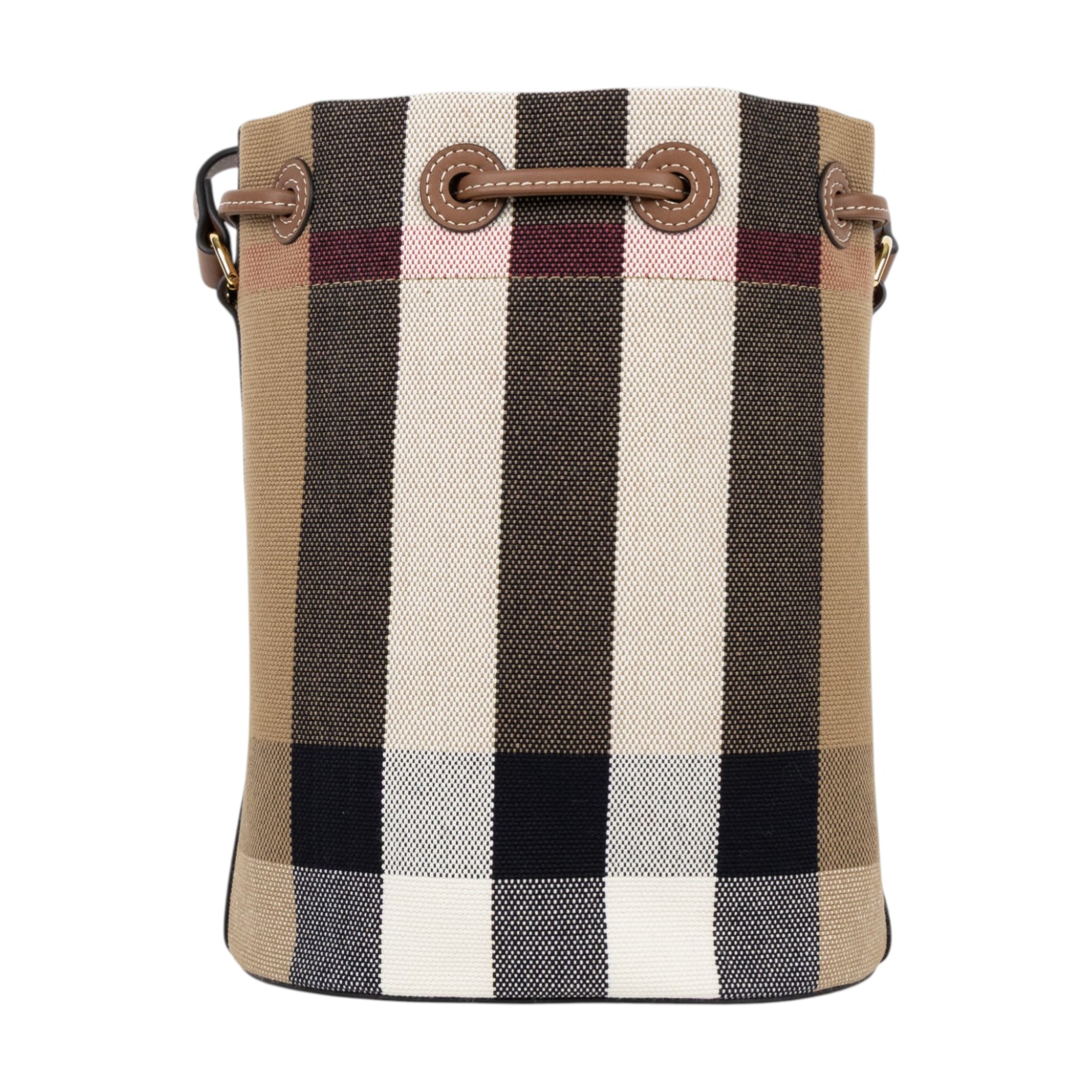 博柏利 BURBERRY 束口 水桶包  斜背包 8084045 咖格紋帆布牛皮飾邊束口水桶包 防塵袋