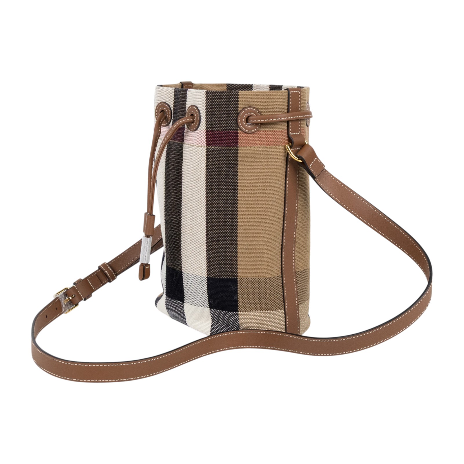 博柏利 BURBERRY 束口 水桶包  斜背包 8084045 咖格紋帆布牛皮飾邊束口水桶包 防塵袋